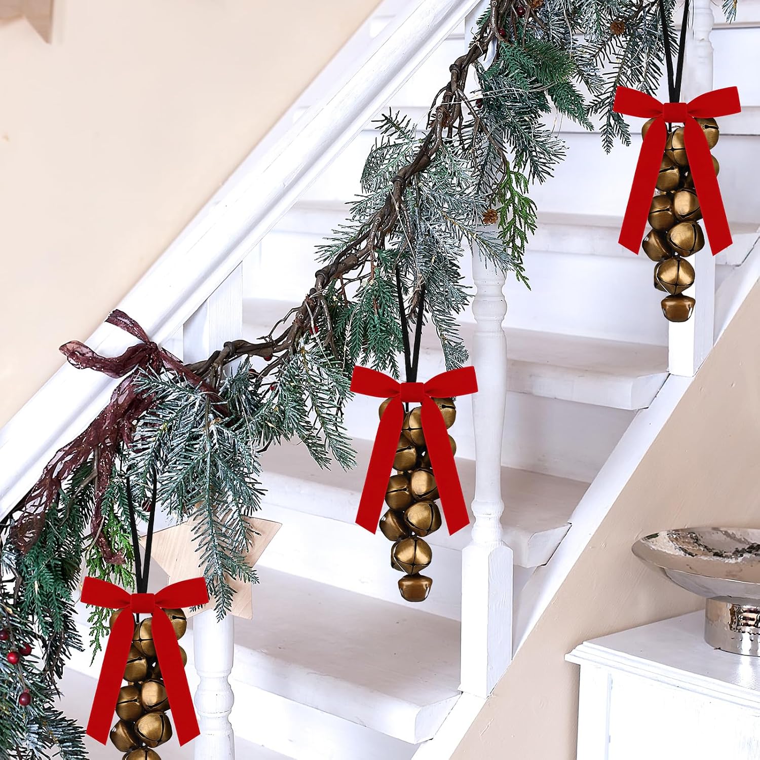 Halloscume 6 Set Winter Jingle Bell Iron Cluster Gold with Red Velvet Bow Metal Vintage Bells with Jute Hanging Rope Decorative Winter Rustic Bow Bell for Wreaths, Outdoor, Indoor,Decorations