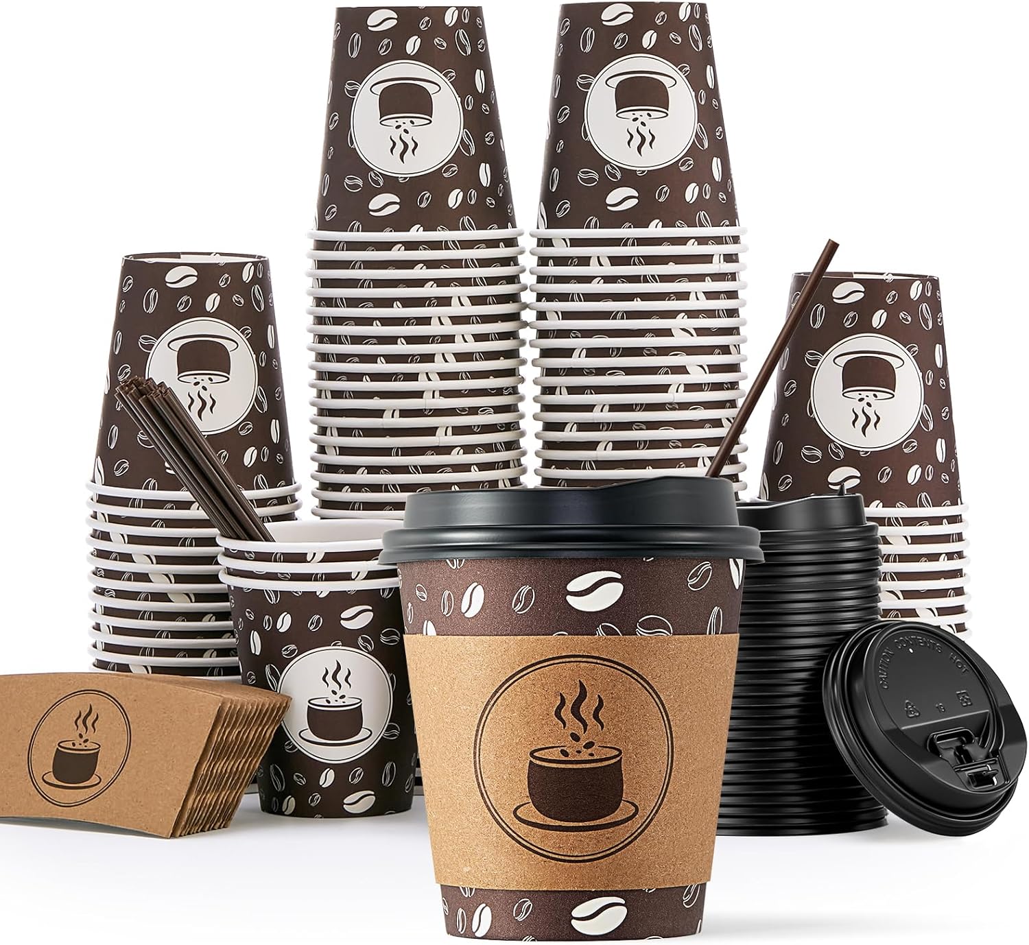JOLLY PARTY 10oz(100 Pack) Disposable Coffee Cups with Lids, Sleeves and Straws - Paper Coffee Cups with Lids, Hot Cups for Shops, Cafes, and Concession Stands(Dark Brown)