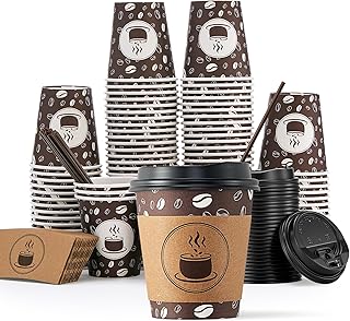 JOLLY PARTY 10oz(100 Pack) Disposable Coffee Cups with Lids, Sleeves and Straws - Paper Coffee Cups with Lids, Hot Cups for Shops, Cafes, and Concession Stands(Dark Brown)