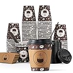 JOLLY PARTY 10oz(100 Pack) Disposable Coffee Cups with Lids, Sleeves and Straws - Paper Coffee Cups with Lids, Hot Cups for Shops, Cafes, and Concession Stands(Dark Brown)