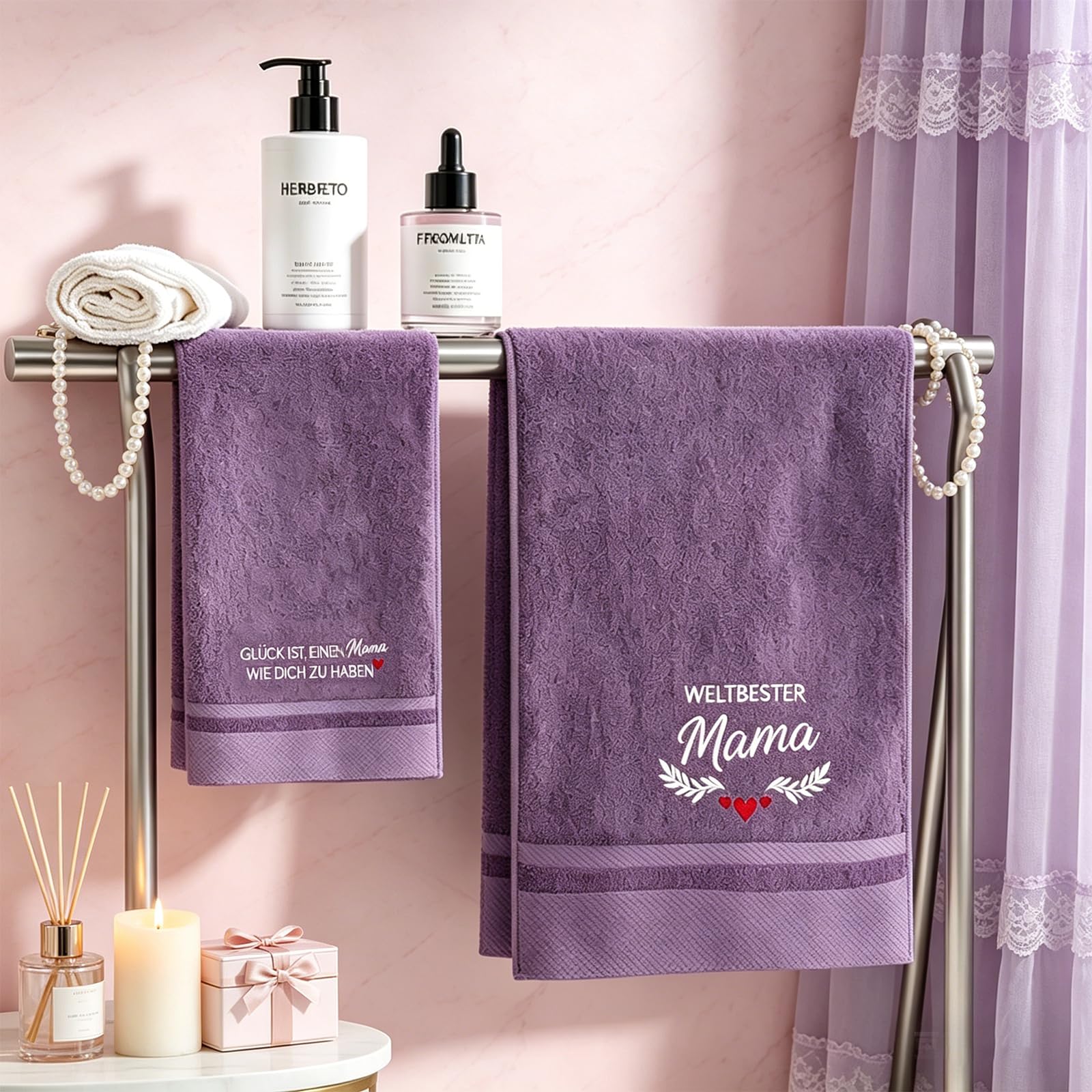 YSUVIN Mama Geschenk, 2-teiliges Set 100% Baumwolle Lila, Bestickte Handtücher, Mama Geburtstag Werdende Mutter Frau - 5