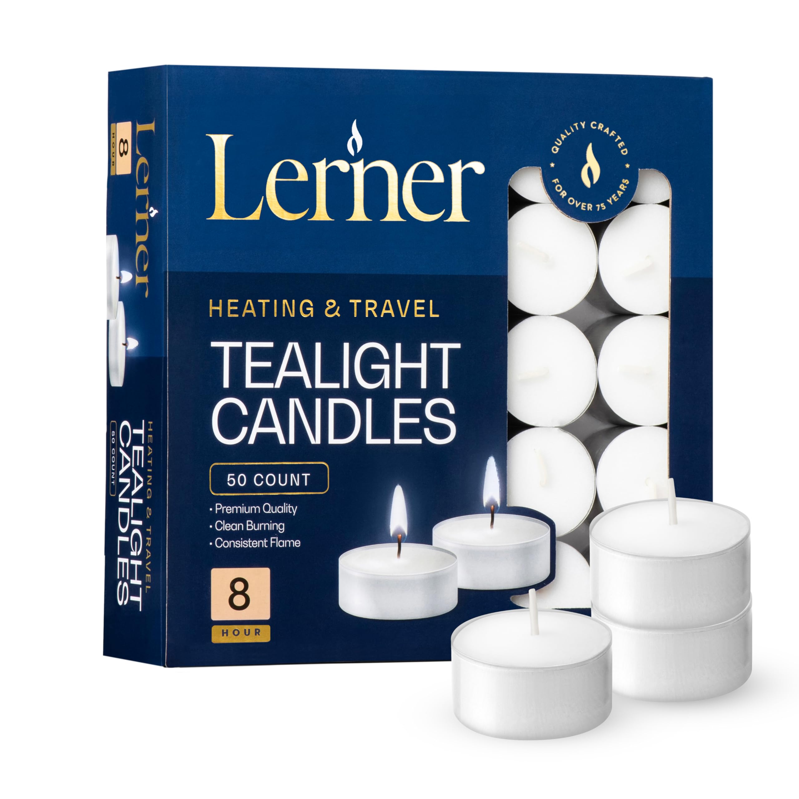Lerner - Velas de té, 50 unidades, 8 horas de combustión, color blanco, no tóxicas, sin humo y sin hollín, velas de té sin perfume, para fiestas, decoración, Shabat