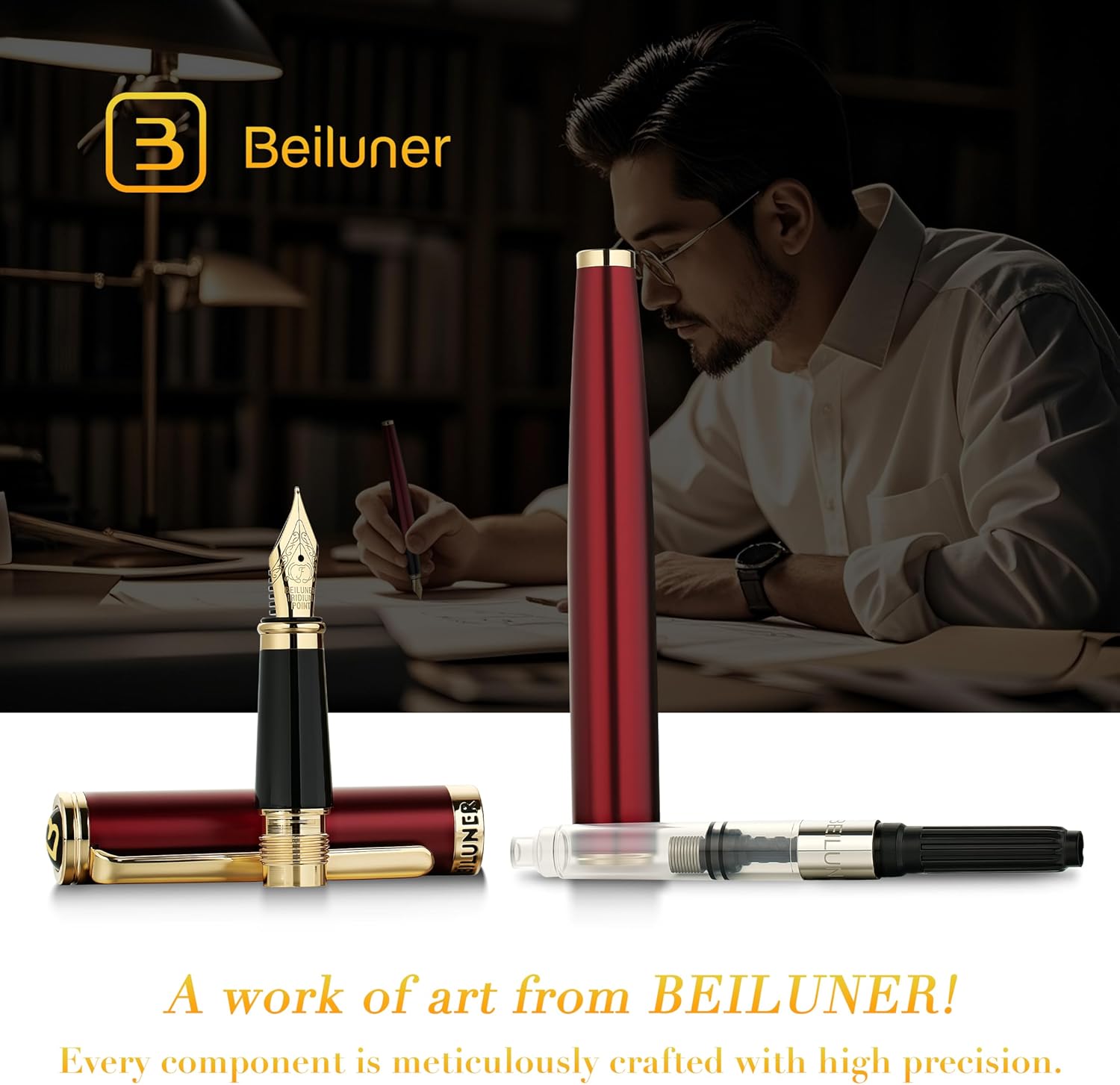 BEILUNER Red Fountain Pen,Stunning Luxury Pens with 24K Gold Finish, Gorgeous 24K Gilded Nib(Fine), Trustworthy Pen Gift for Men&Women -Ink Converter-Elegant,Graduation,Office,Nice Pen for Writing