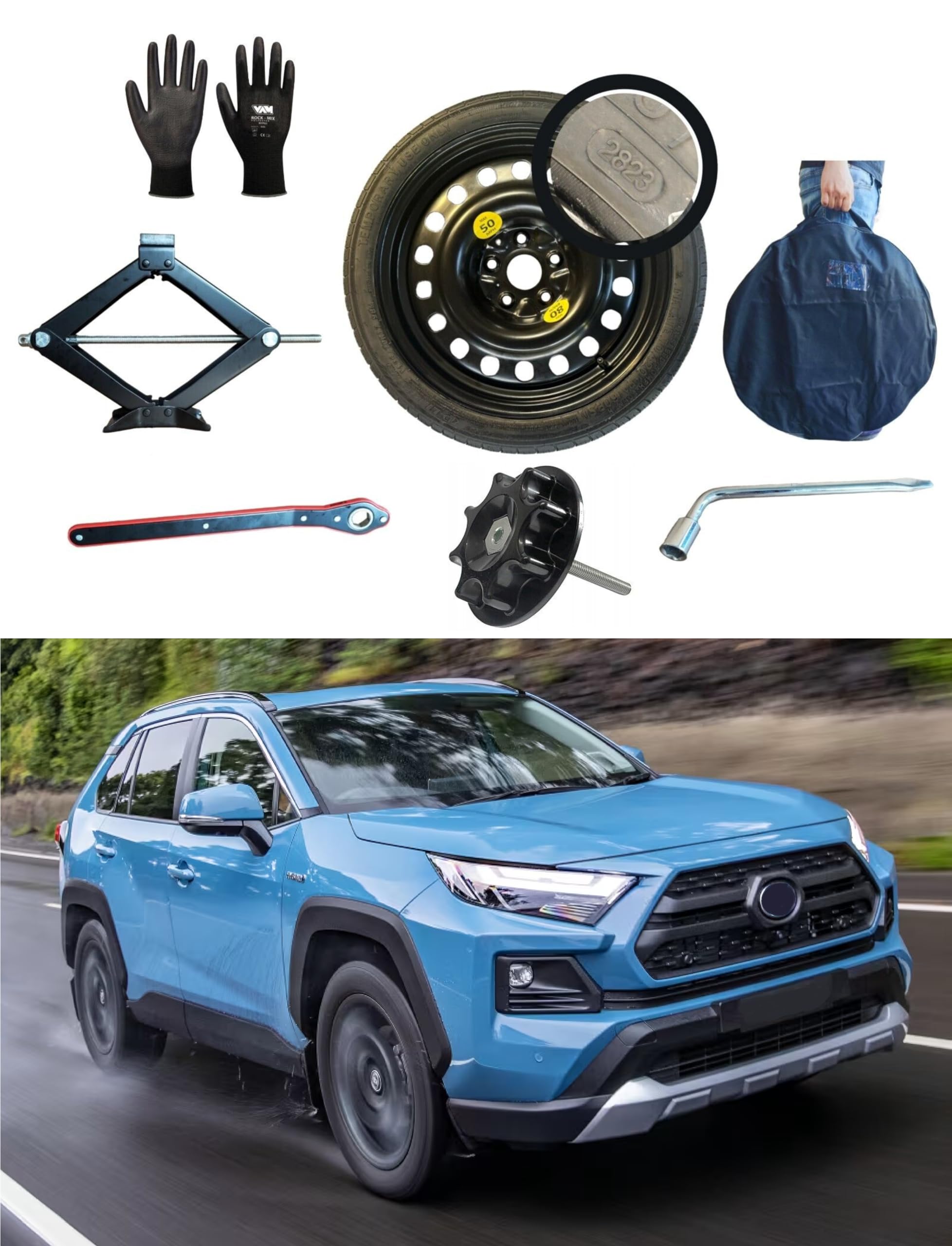 Kit Ruotino di Scorta 17" compatibile con Toyota Rav4 Con Cric Chiave Sacca, Vite di fissaggio e Guanti 165/80R17