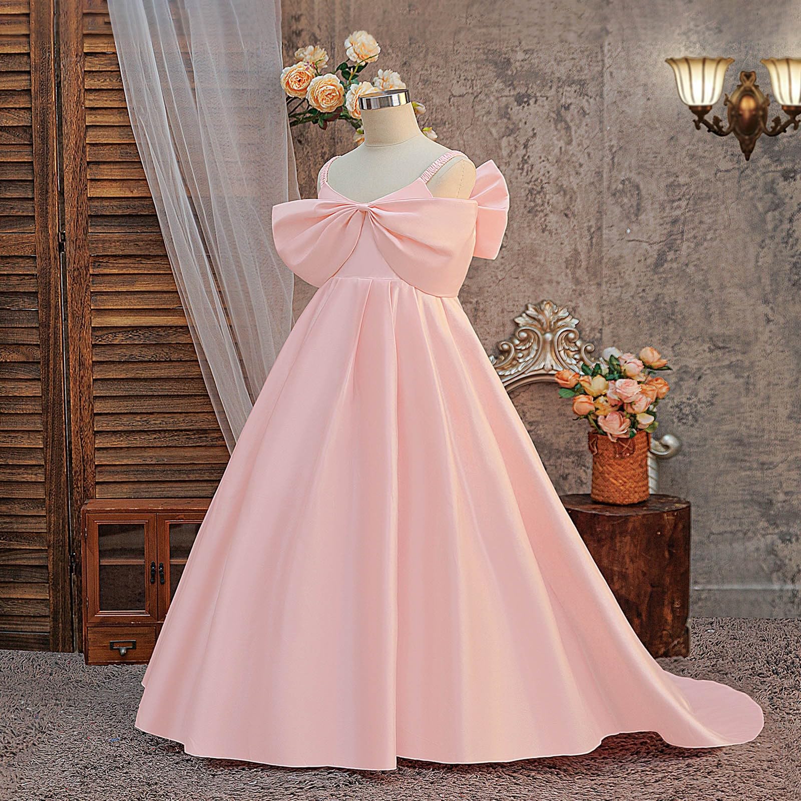 Elegante abito da festa da bambina con parte superiore in raso, gonna per occasioni speciali, senza maniche, con fiocco, stile matrimonio, abito estivo per adolescenti