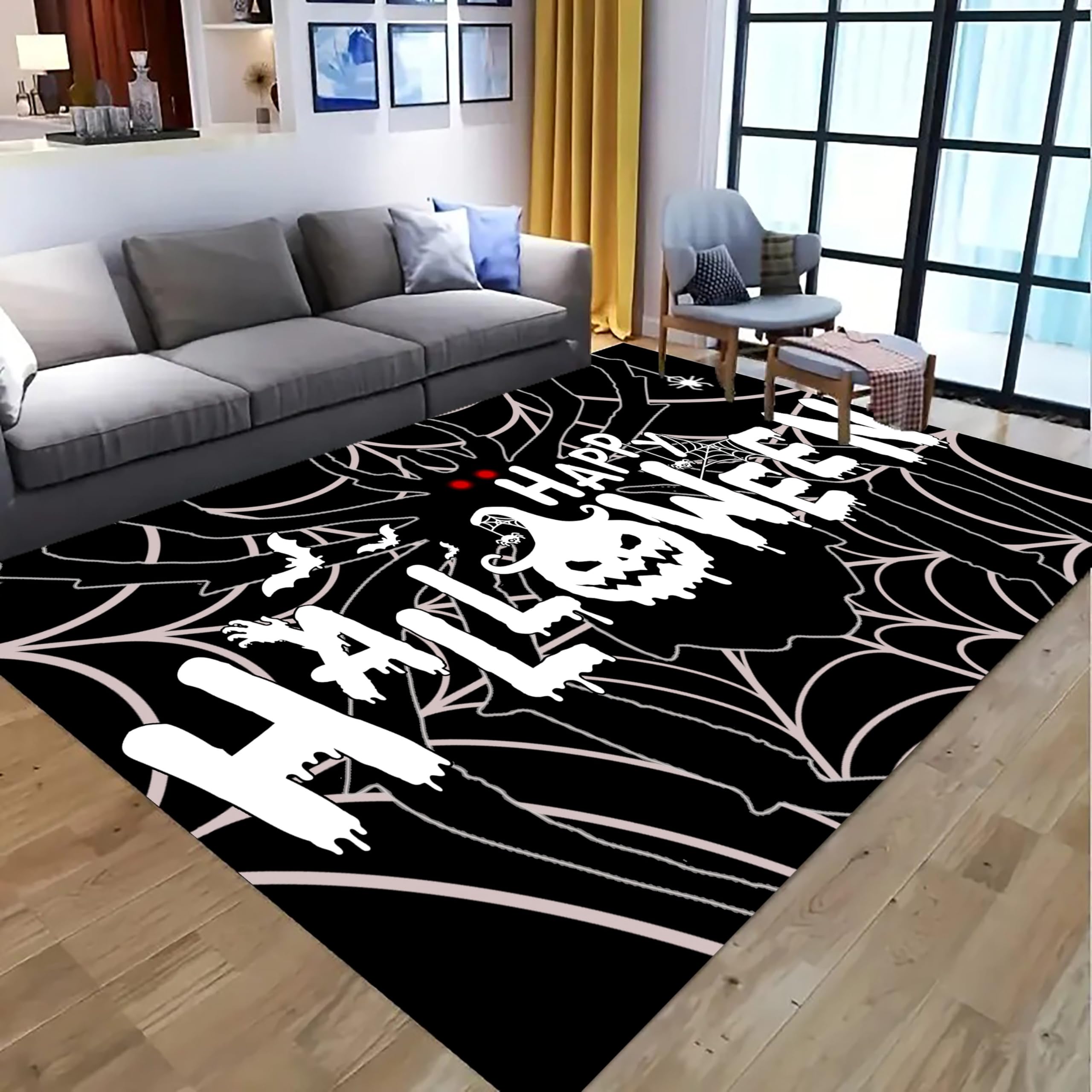 Kuluoits Spiderweb Area Rug, 120x180cm, Gothic Horror Spider Bat Pumpkin Happy Halloween Decorative Rug, Cartoon Rugs for Kids Bedroom Play Carpet Soft Non-Slip Fade-Resistant Indoor Rugs