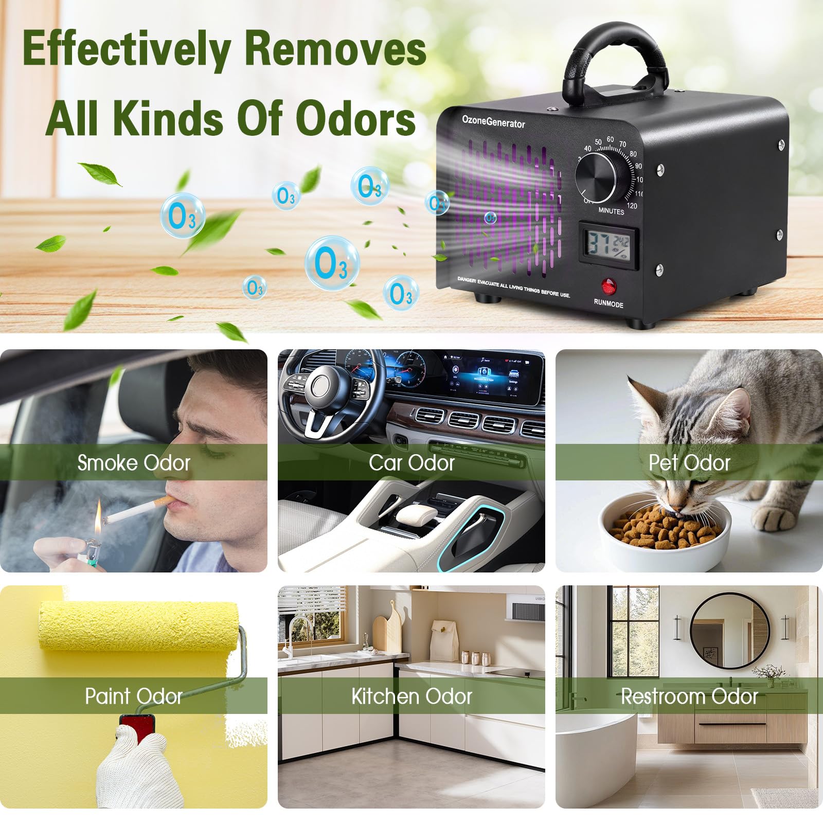 Generatore di Ozono, Ozonizzatore per Ambienti 60000mg/h, Purificatore d'Aria Deodorante per 300㎡, Timer 120 Min, Macchina Ozono Alta Capacità O3, Ozonizzatore per Casa Ambienti, Auto, Uffici