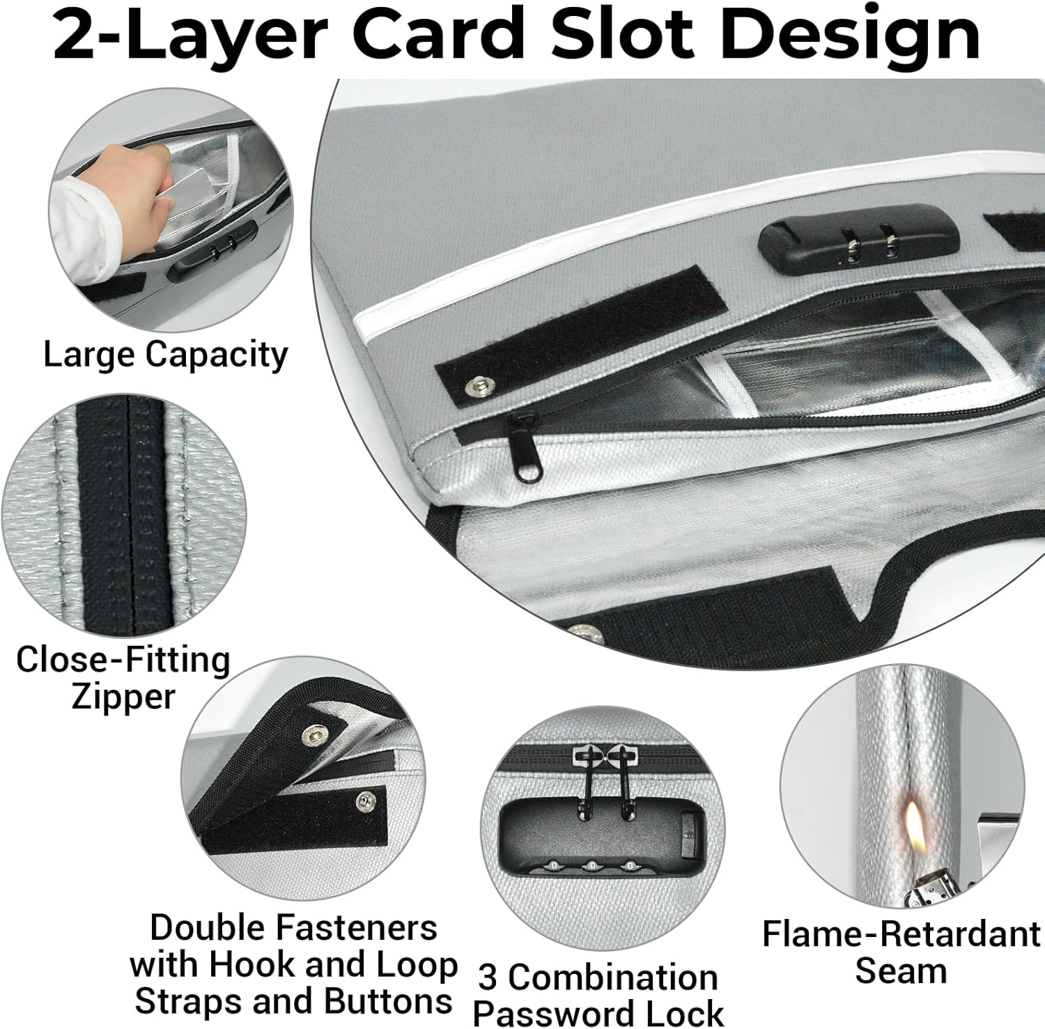 6200°F Fireproof Document Bag with Lock, 11.4 x 8.3 Inch Fire Proof Bag for Documents, Fire Proof Money Bags with Zipper Envelope, Water Resistant Fireproof Pouch Cash for Envelope Silver - Image 3