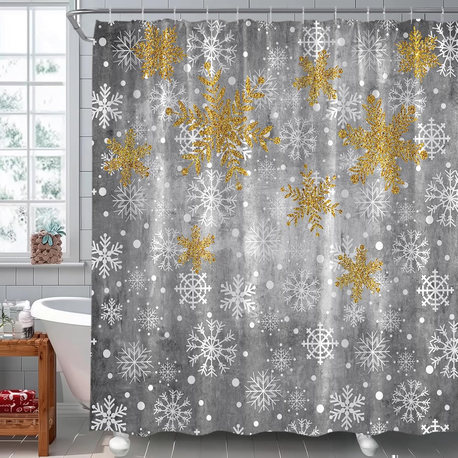 Winter Snowflake Shower Curtain Cute Teal and White Christmas Snowflake Grey Xmas Holiday Festival Happy New Year Bathroom Curtain Fabric with Hooks(84" Wx70 H)