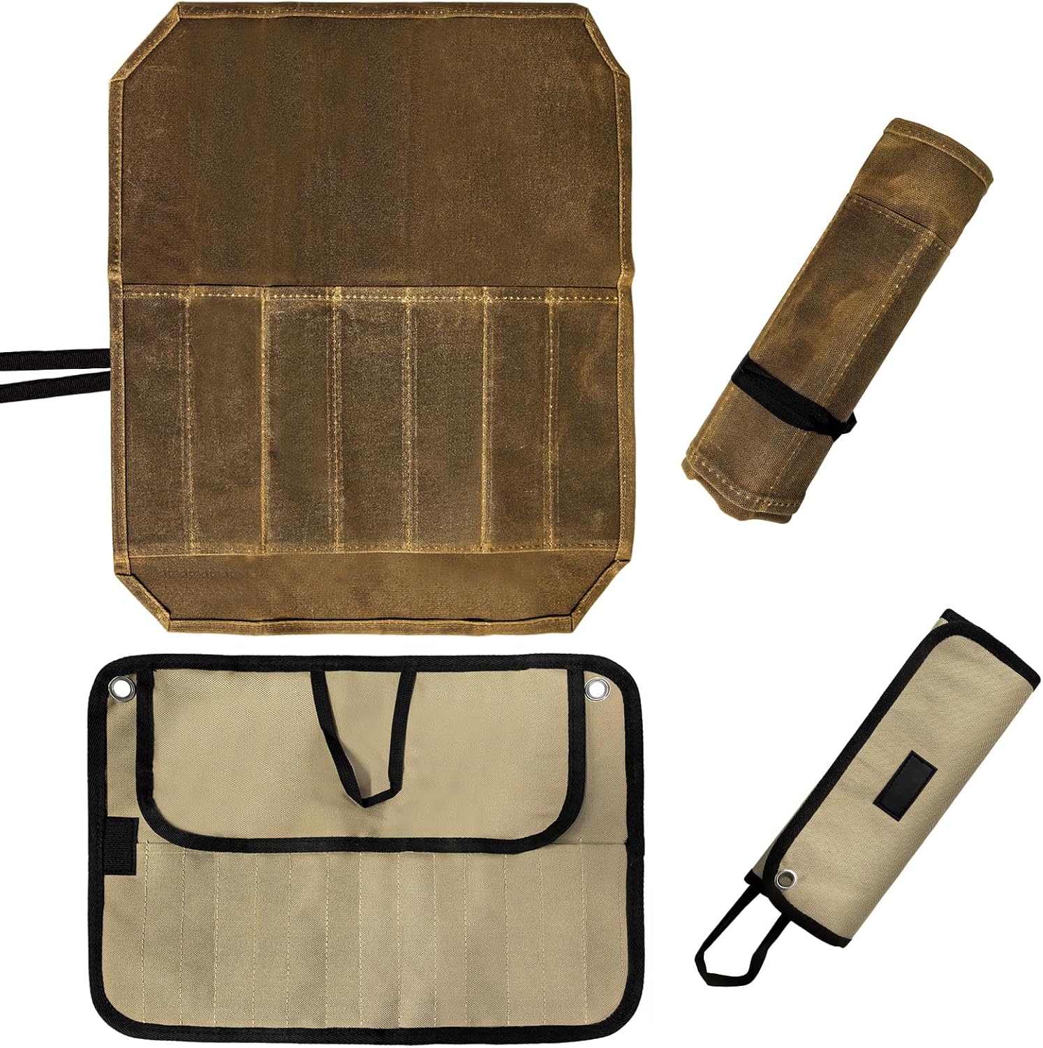 2 PCS Camping Utensil Bags, Canvas Roll Up Cutlery Organizer and Waxed Cutter Pouch, Portable Hanging Tableware Storage Bags for Picnic Cooking Tools, Outdoor Kitchen, RV Trips