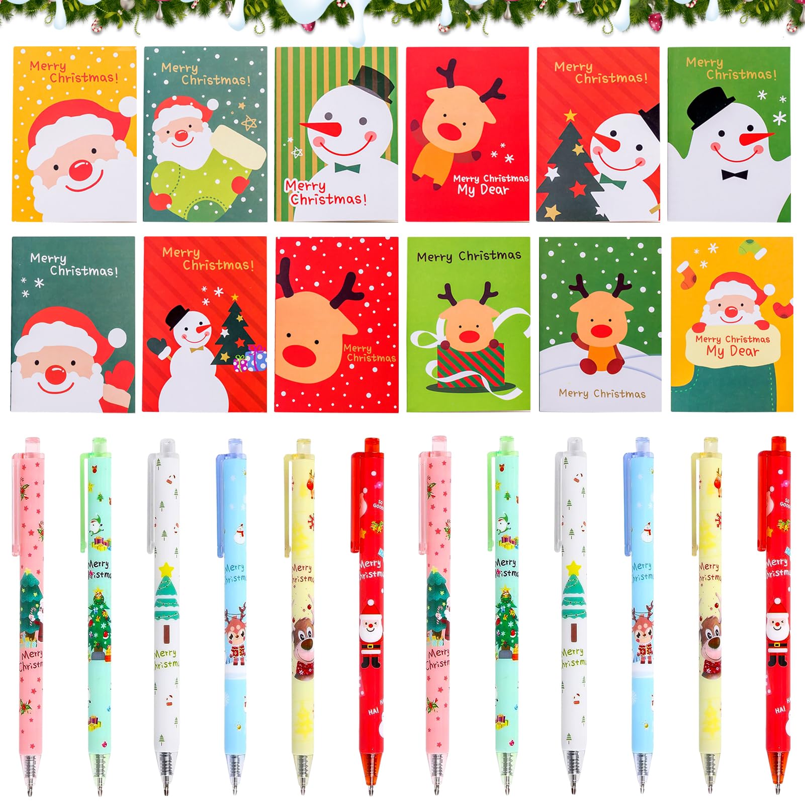 Set Penne A Sfera Natale – 18 Penne Gel Retrattili Con 2 Mini Quaderni, Tema Pupazzo Di Neve, Renna E Babbo Natale