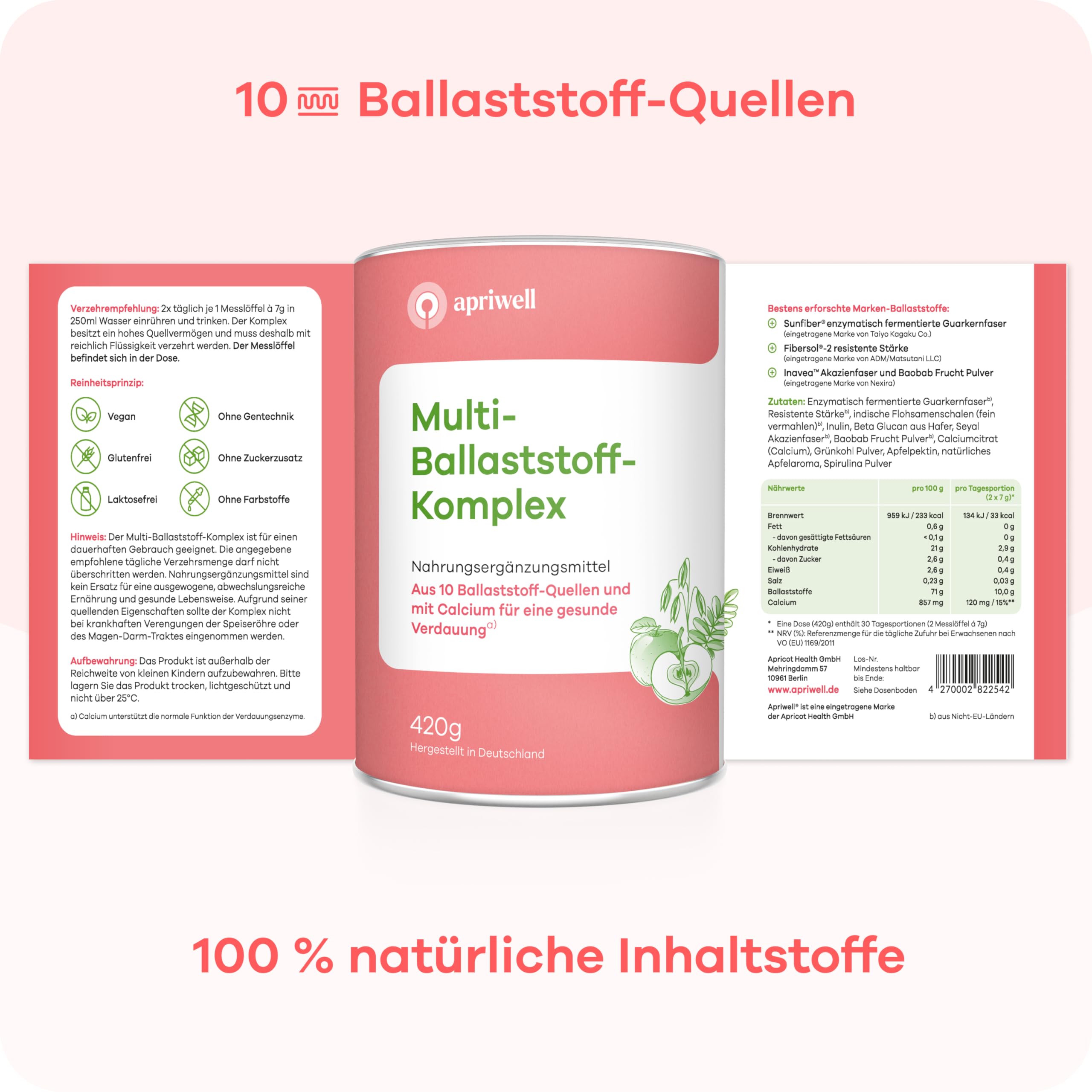 Multi-Ballaststoff-Komplex | 10 Premium Ballaststoffe & Calcium | Verdauung, Darmflora, Immunsystem, Cholesterin & Blutzucker | vegan, glutenfrei, laktosefrei | 1x 420g Pulver