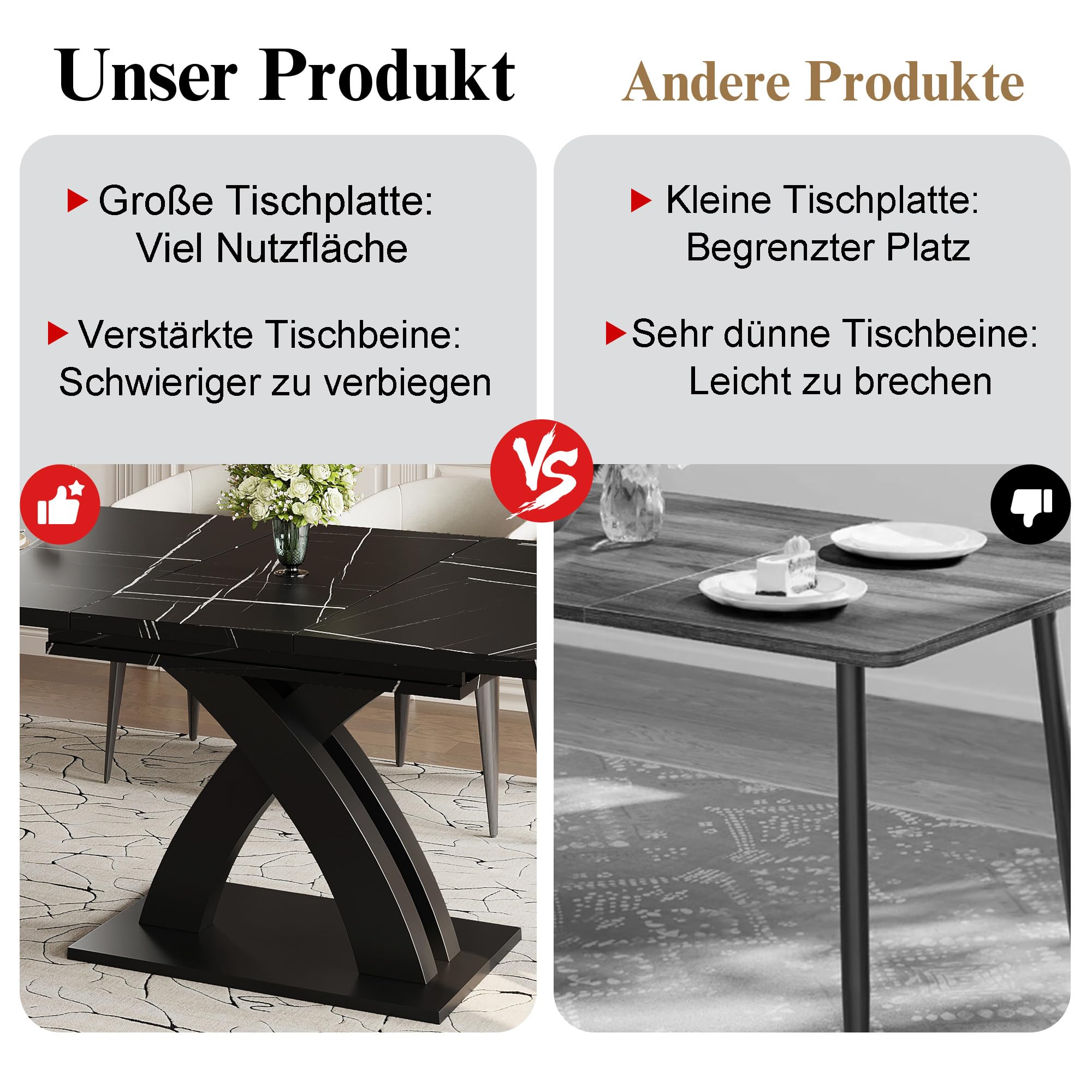Esstisch Ausziehbar mit X-Förmige Tischbeine für 4-6 Personen, Esszimmertische Küchentisch mit Unverwechselbare Muster, Esstisch Holz Esszimmertisch Ausziehbar, 120-160x80x76 cm, Schwarz