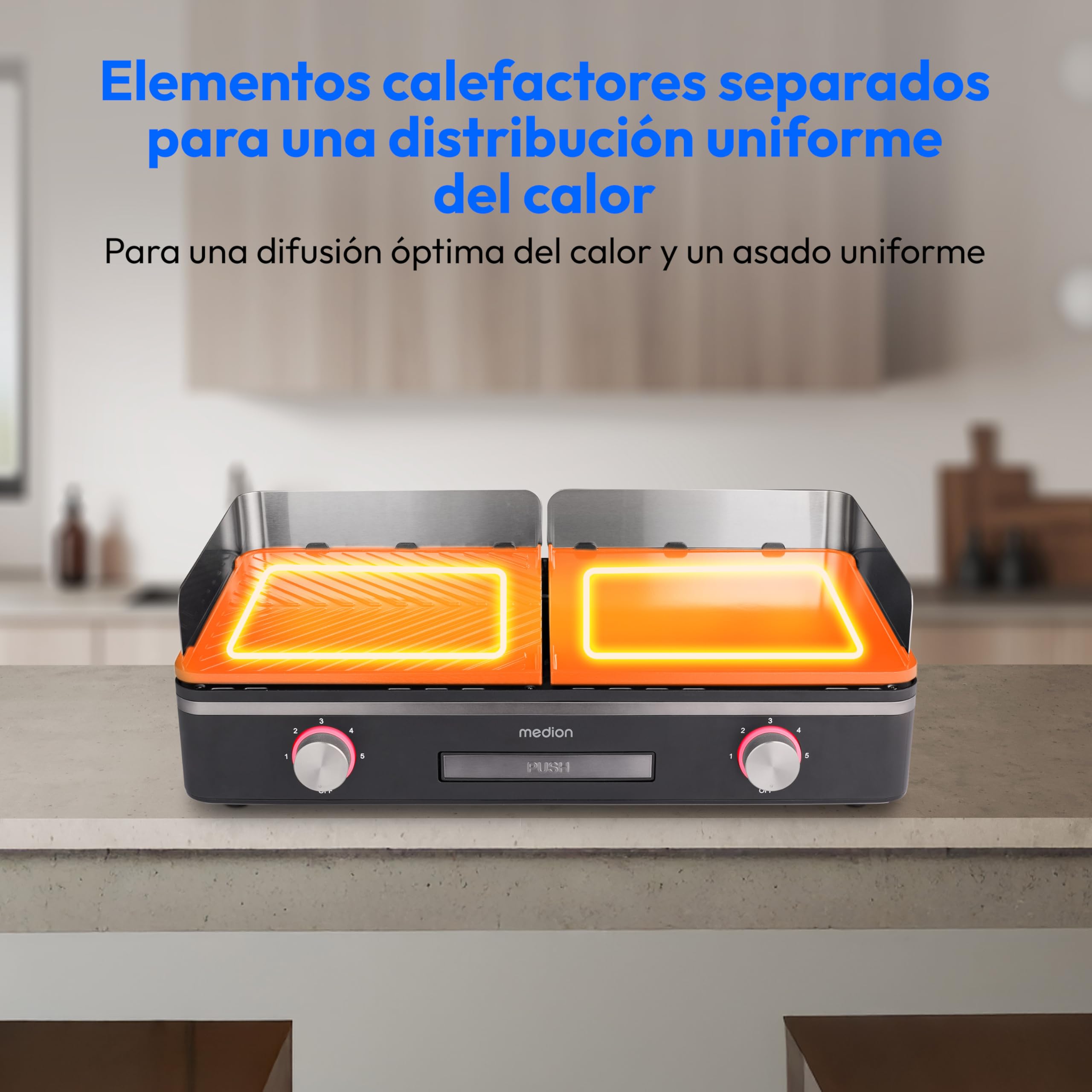 MEDION Parrilla de mesa con sistema de doble zona (2400 W, 2 placas desmontables, control de temperatura individual, indicador LED, protección IPX4), MD12027