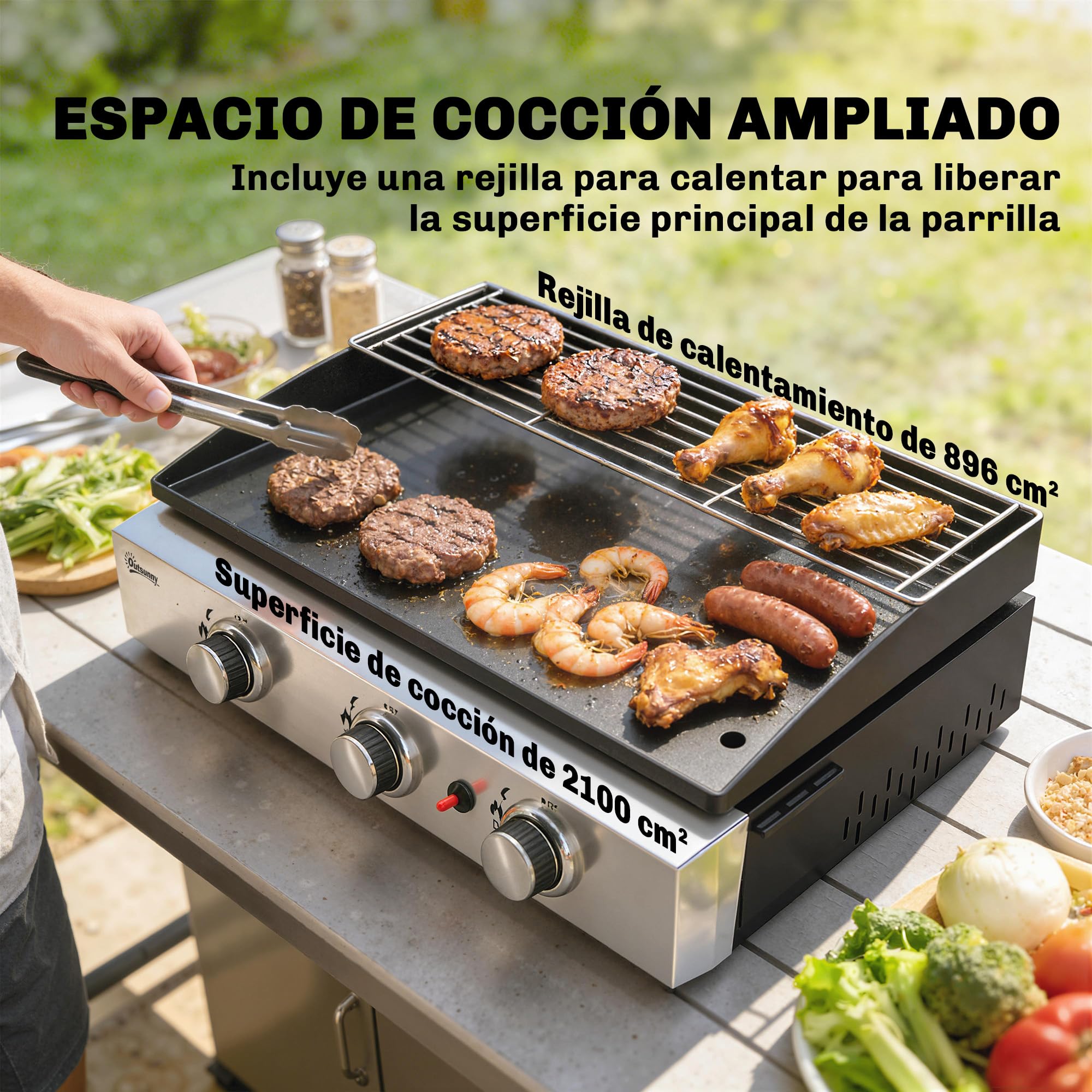 Outsunny Barbacoa de Gas BBQ Gas con 3 Quemadores 7,5 kW, Barbacoa Portátil con Plancha, Rejilla Calentadora y Recogedor Grasa, para Camping, Picnic, Terraza, Negro — view 4