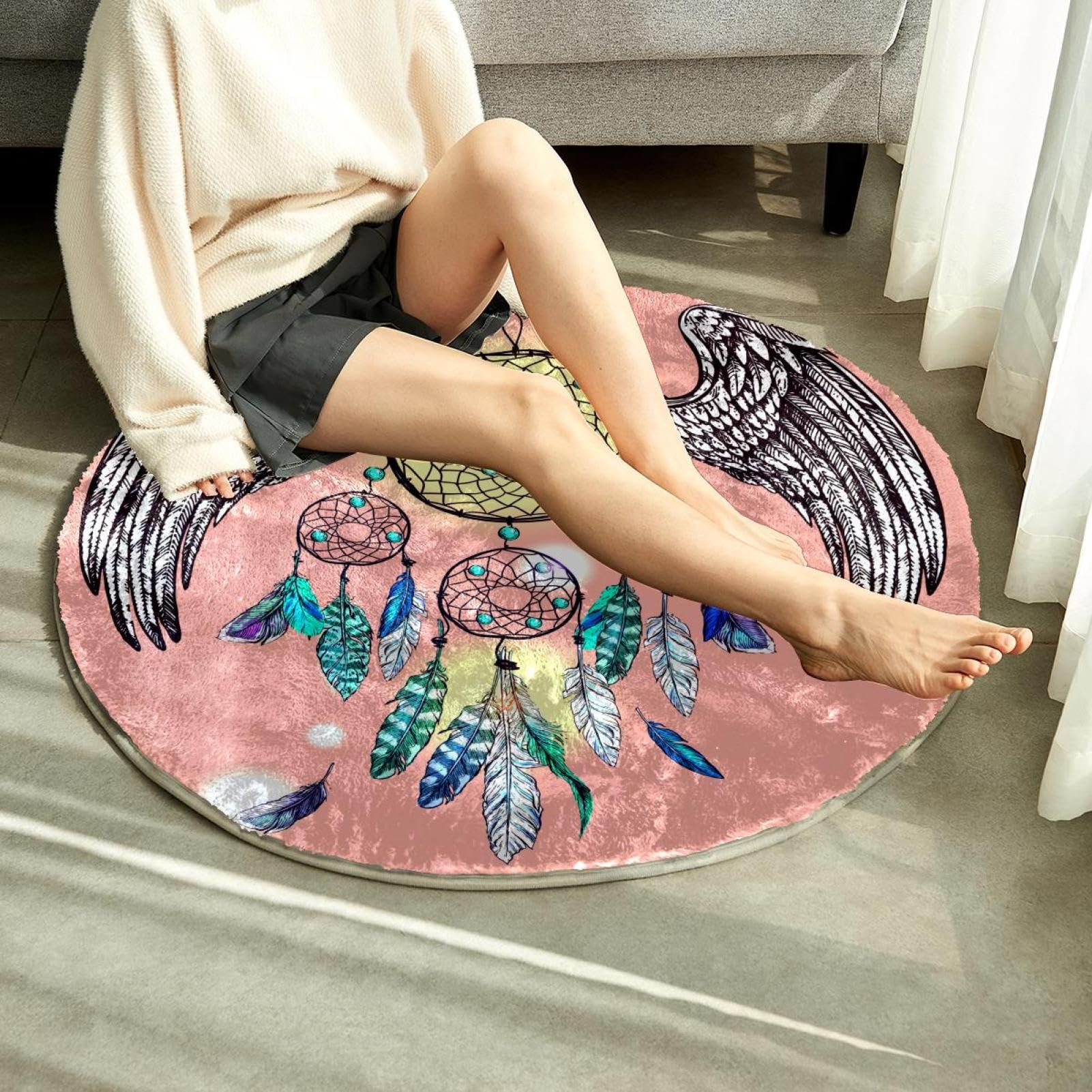 Flauschiger, weicher Teppich für Wohnzimmer, Schlafzimmer, Traumfänger, rutschfest, zottelig, waschbar, Teppich für Schlafzimmer, Spielbereich, Kinderzimmer, dekorativ, 80 cm