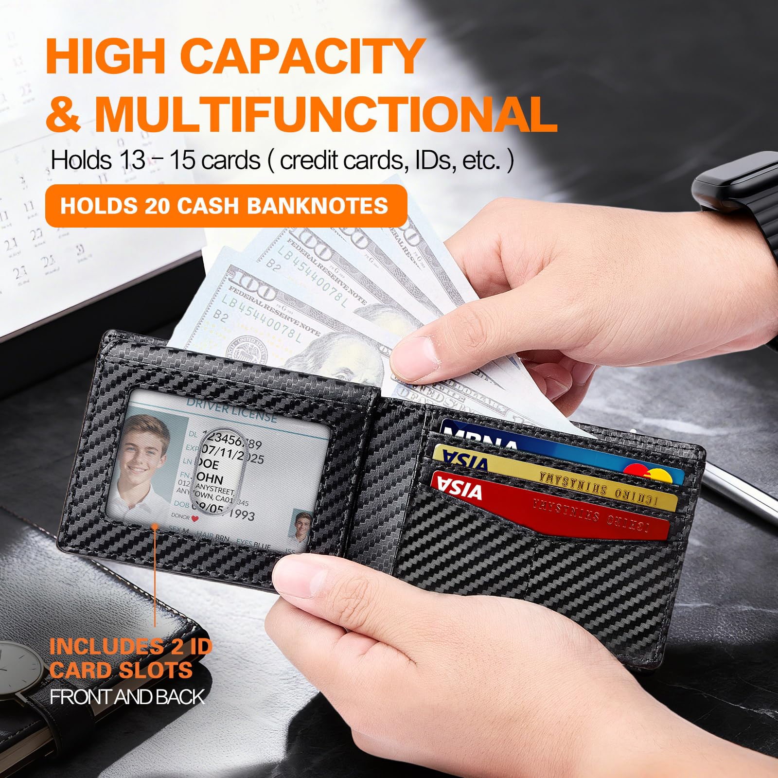 Wallet for Men Slim RFID Blocking Bifold Carbon Fiber,Minimalist Small Compact Front Pocket Credit Card Holder,Thin Mens Leather Wallets Smart Security With 2 ID Windows 1 Cash,Birthday Gifts for Men