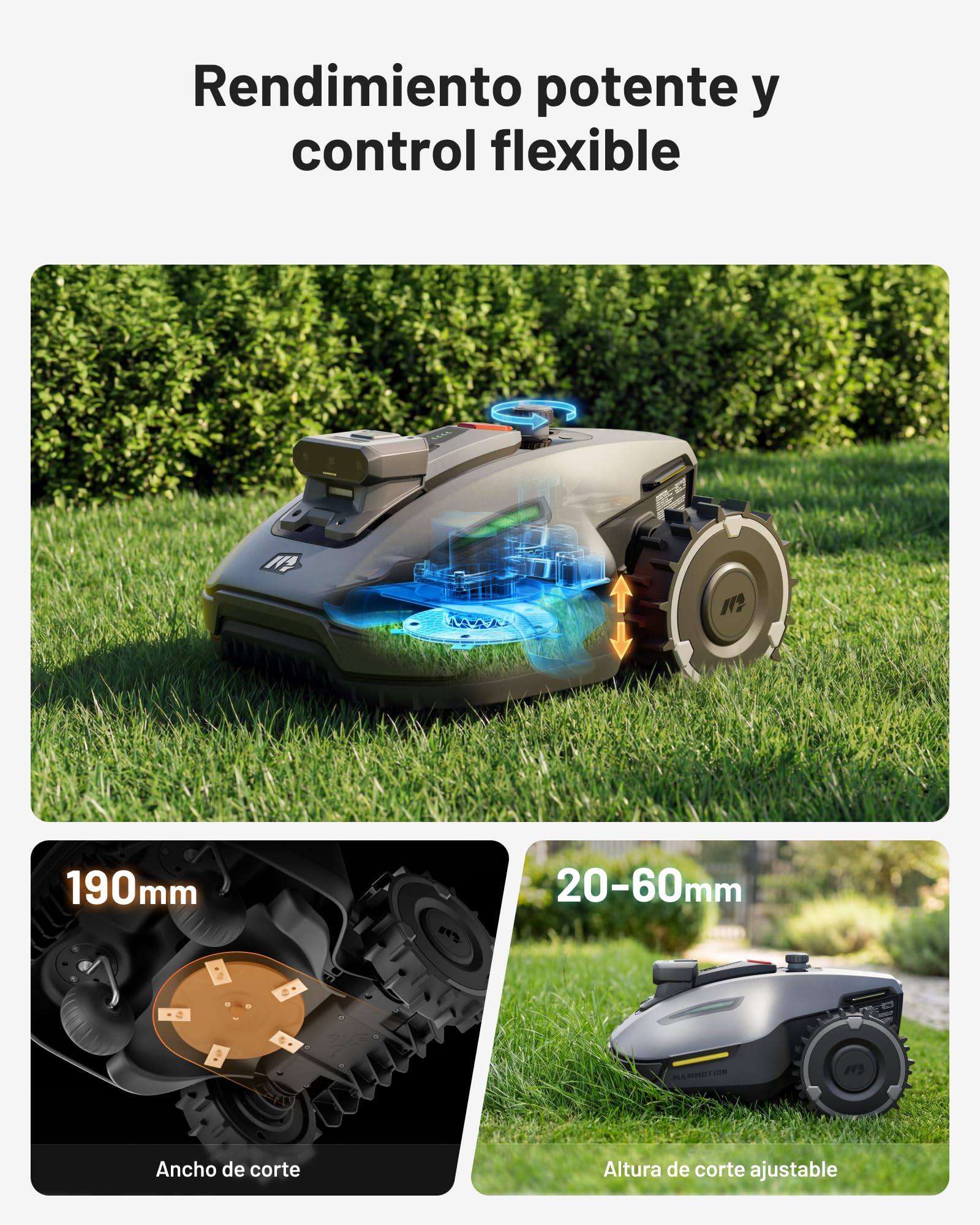 MAMMOTION YUKA Mini 2 500 Robot Cortacésped sin Cable Perimetral, Sin Señal Perdida, Sin RTK, Visión AI Tri-CAM, DropMow, Pendientes hasta un 45%, hasta 500㎡, Mapeo Automático Multi-Zona