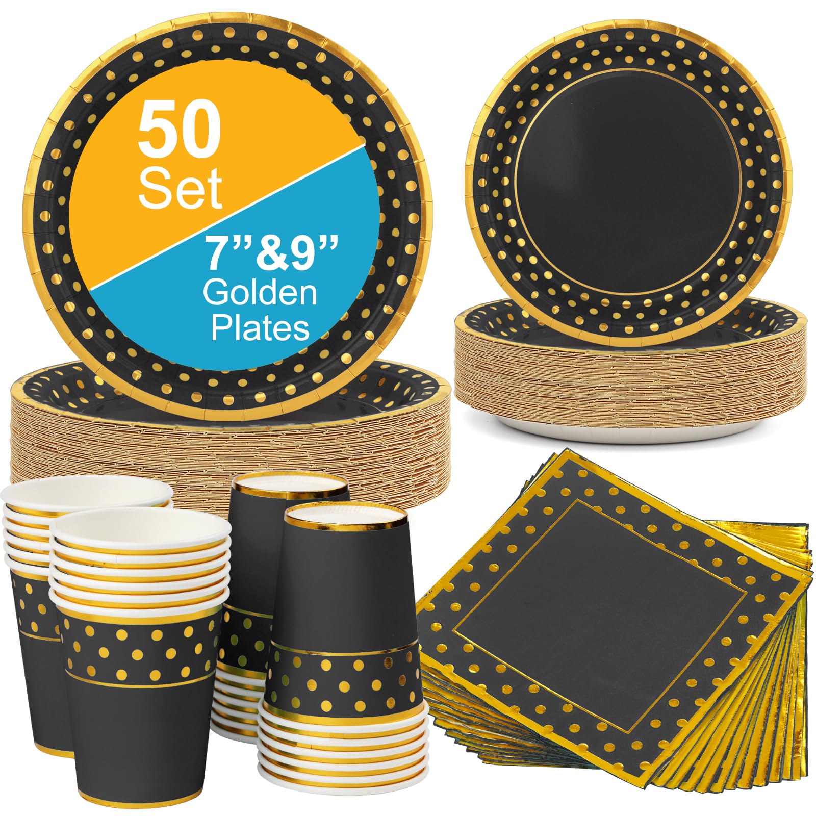 CENLBJ Black Gold Paper Plates and Napkins Set