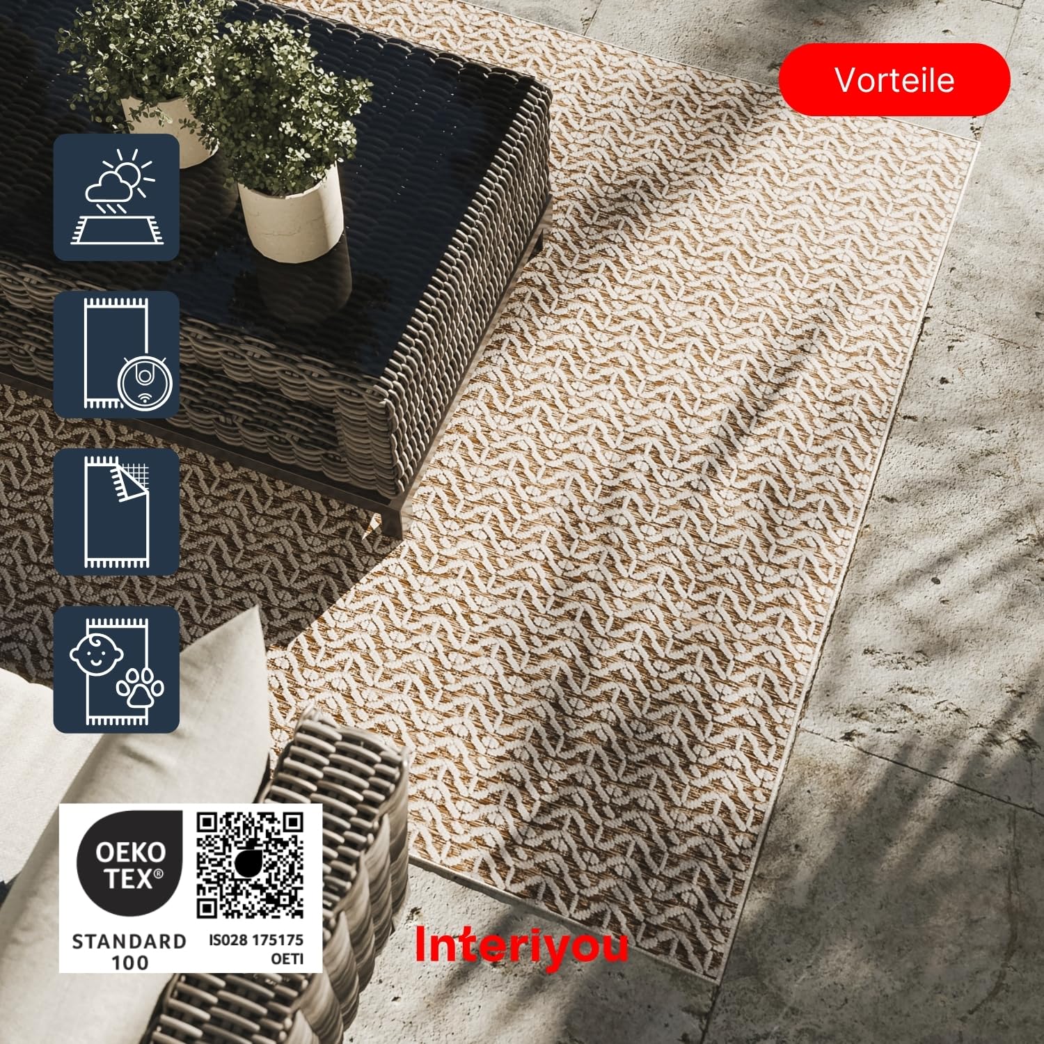Interiyou Outdoor Teppich Wetterfest Kano - 300x400 cm Creme/Beige - Wasserfest für Balkon, Terrasse, Garten - Outdoorteppich passend auch für Wohnzimmer, Schlafzimmer und Küche - Aussenteppich