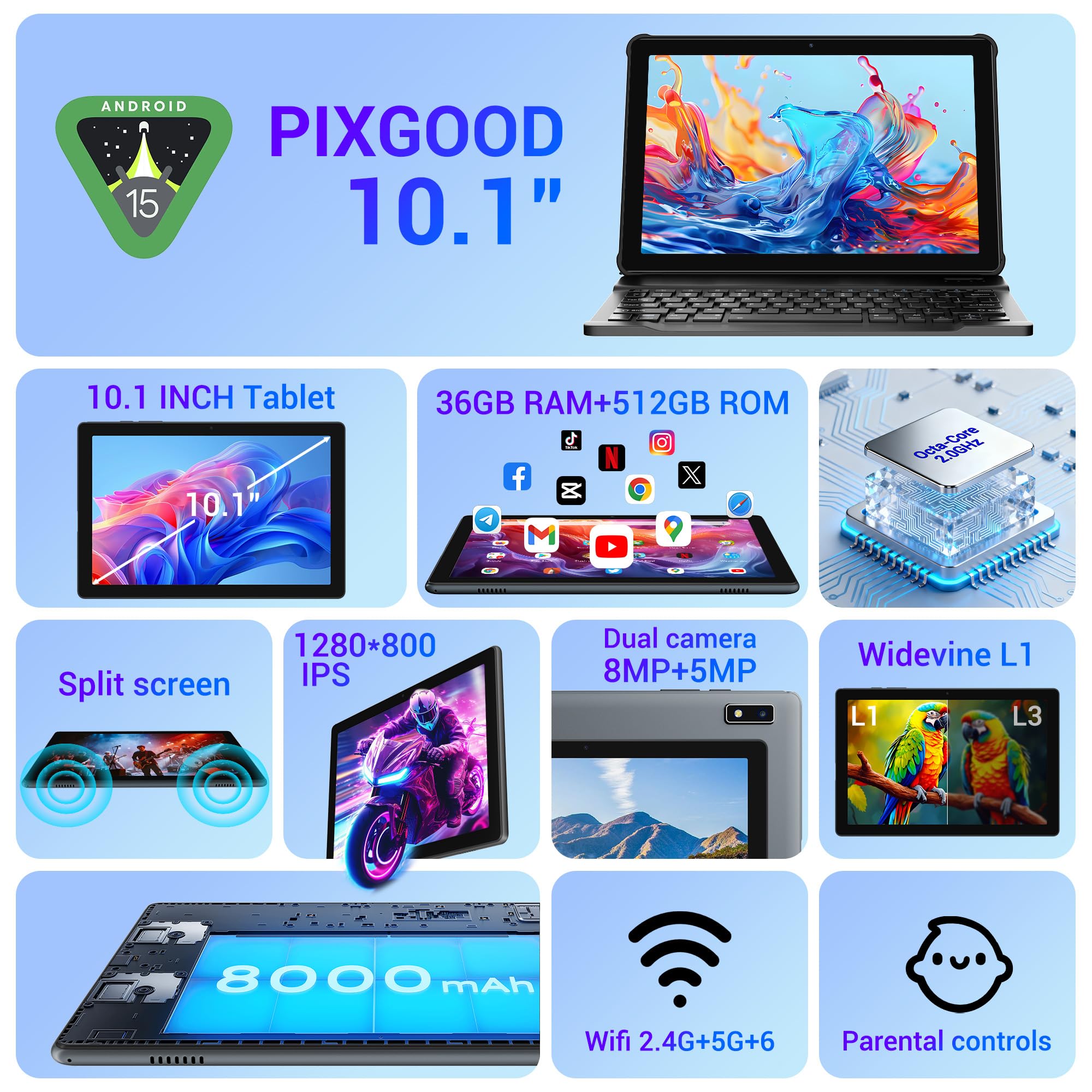 Tablet 10 pollici Android 15, Tablet in offerta con 5G wifi Octa-Core 2.0GHz, 36GB RAM, 128GB ROM (TF 1TB), 8000mAh, Camera 5+8MP, Tablet con tastiera|Mouse|Custodia|auricolari-grigio