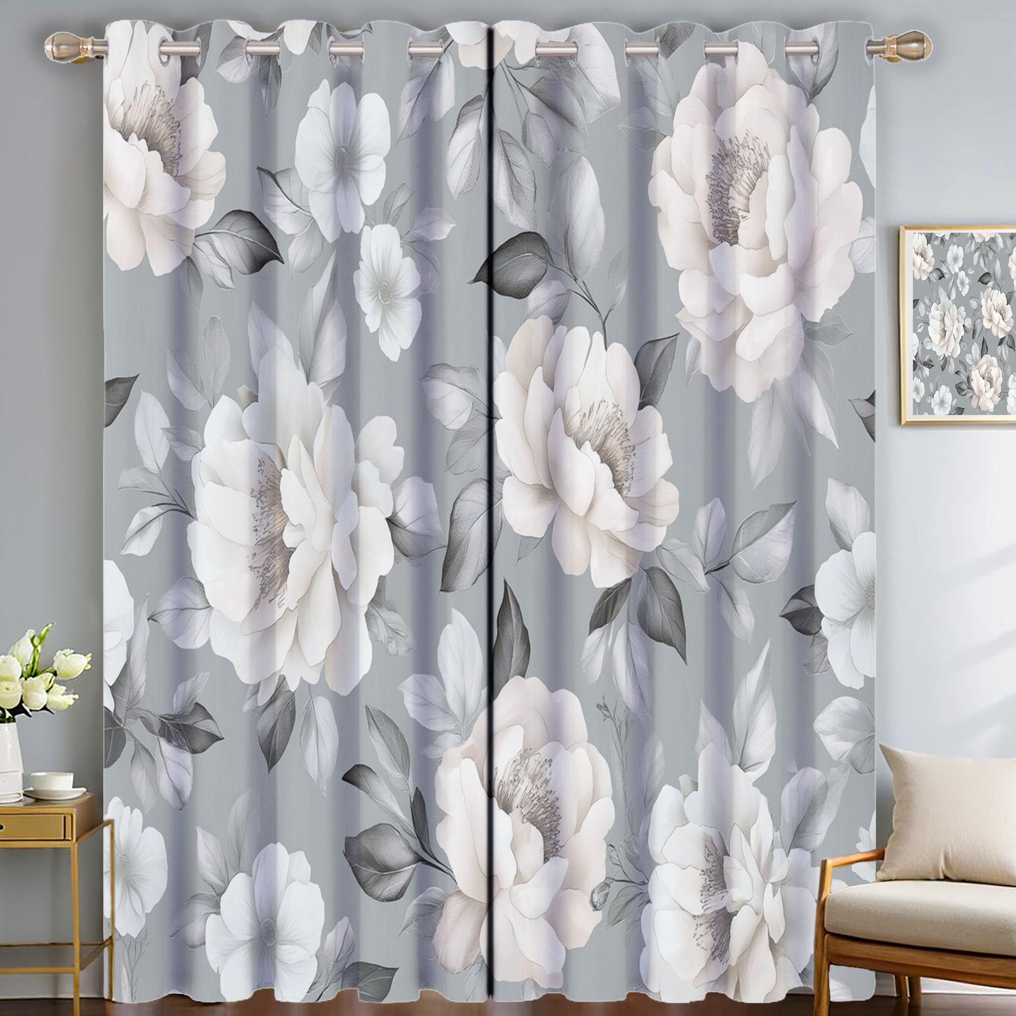 Rideau occultant pivoines grises 140x225 cm | Lot de 2 draperies thermiques