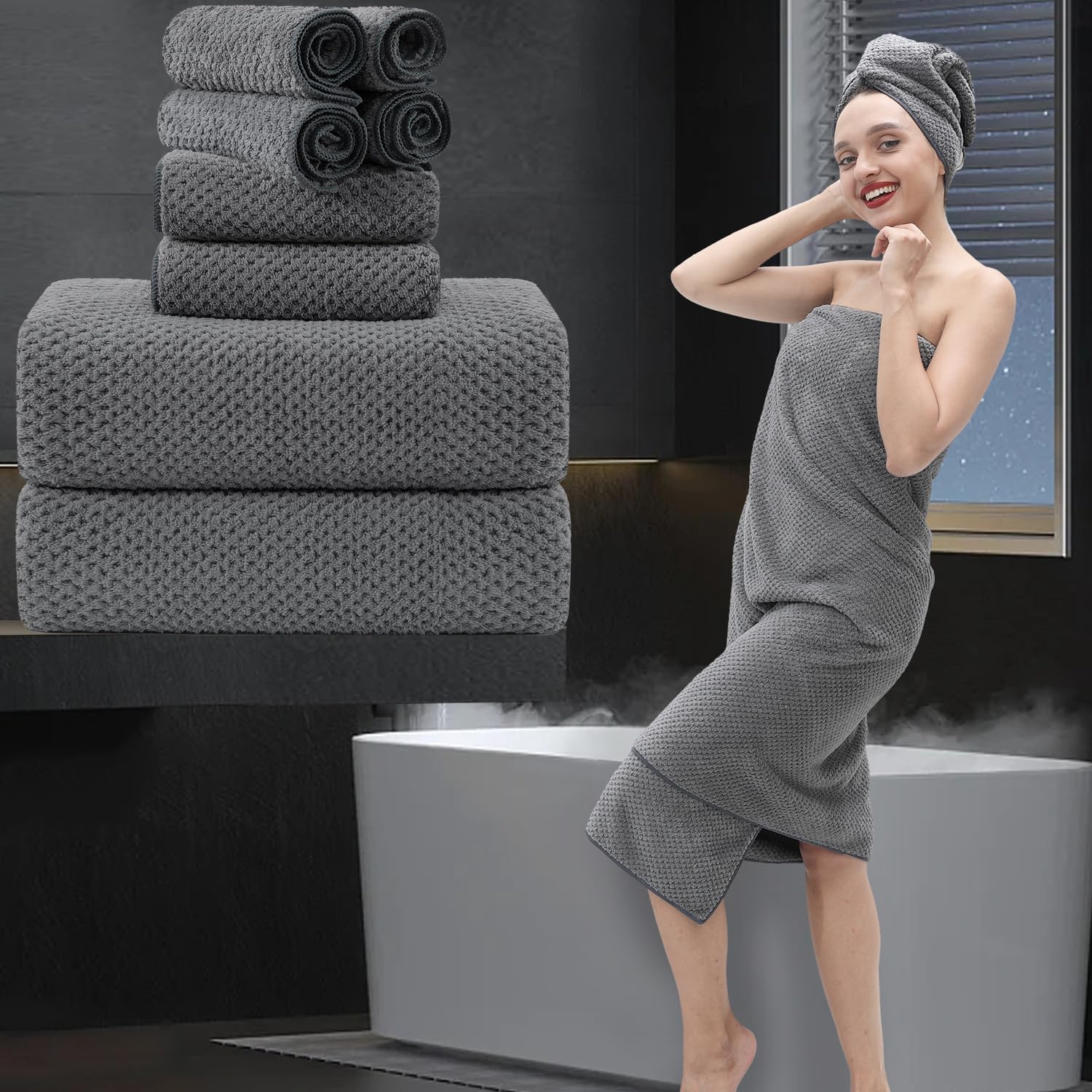 8 Piece Bathroom Towel Set Dark Gray |2 Oversized Large Bath Towels Sheet,2 Hand Towels and 4 Washcloths| 600GSM Ultra Soft Luxury Premium Towel Set Highly Absorbent Quick Dry Hotel Towel Collection — image 1
