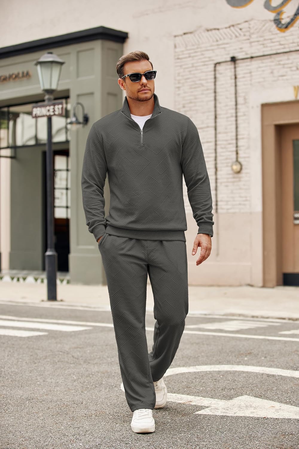 COOFANDY Men's Tracksuit 2 Piece Set Geometric Texture Quarter Zip Pullover Sweatshirt Athletic Running Sweatsuits