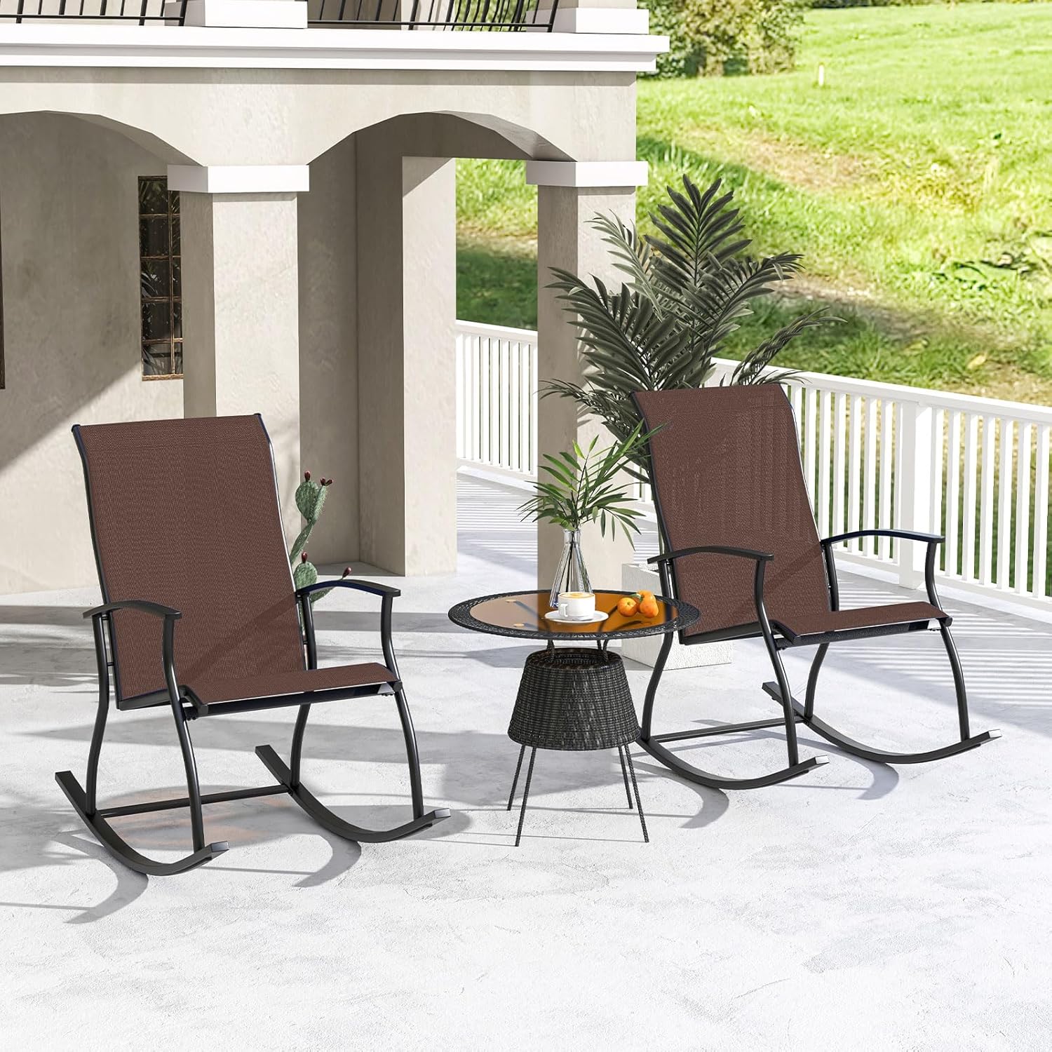 Giantex Outdoor Rocking Chair Set of 2 - Patio Rocking Chairs w/Breathable Backrest, Sturdy Metal Frame & Safe Ergonomic Design, Cozy Fabric Rocker for Backyard, Poolside, 330 lbs, Brown