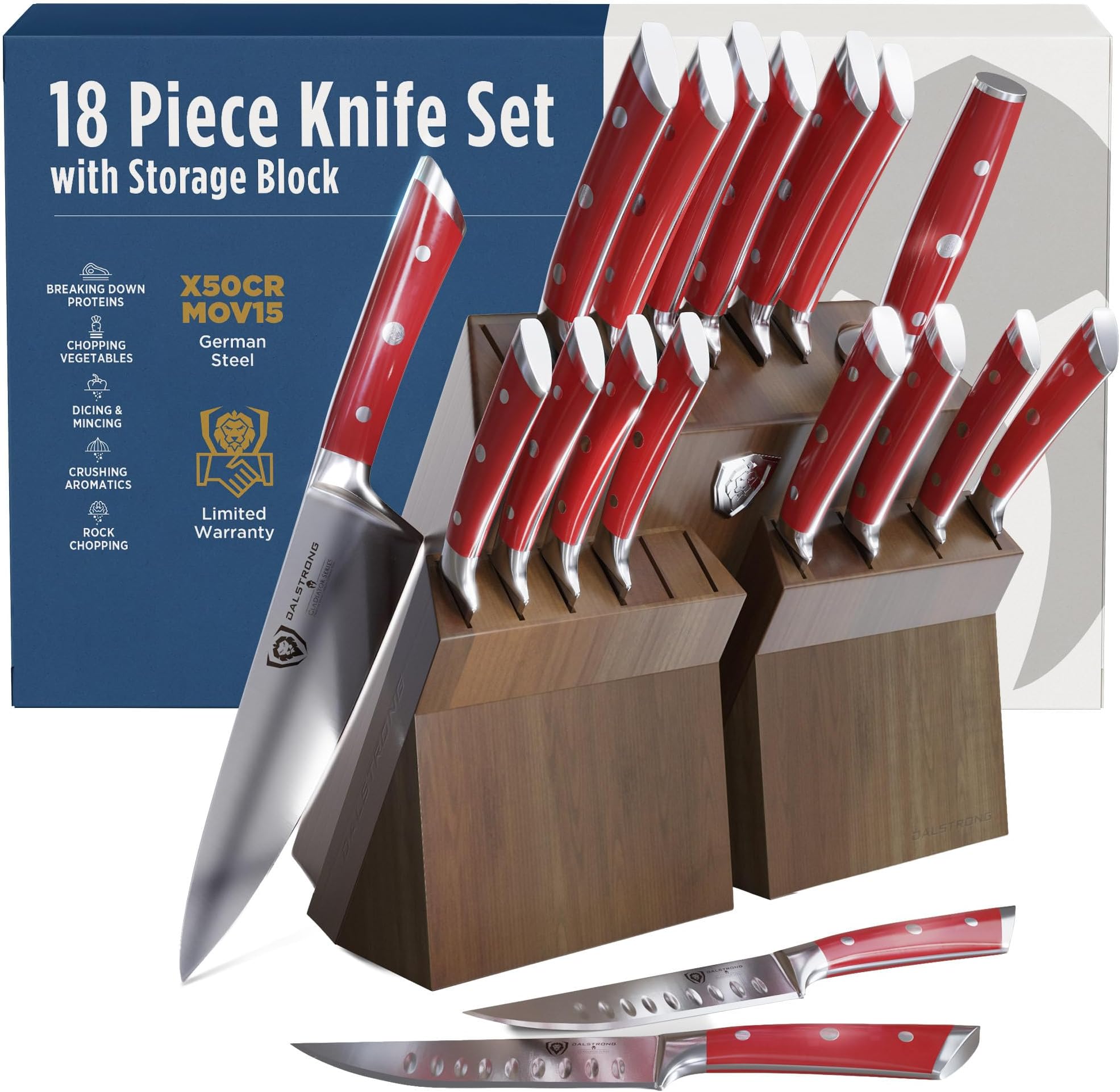 Dalstrong 18-Piece Gladiator Colossal Knife Block Set (Red Handles) — German High-Carbon Steel, Full-Tang, Hand-Sharpened — For Home Chefs, Wedding Registries & Serious Kitchens — Acacia Block, NSF