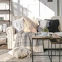 Vista 5 de Phantoscope Almohada de 100% algodón hecha a mano, tejida a ganchillo, estilo bohemio, cojín decorativo para sofá, color blanco hueso, 18 x 18