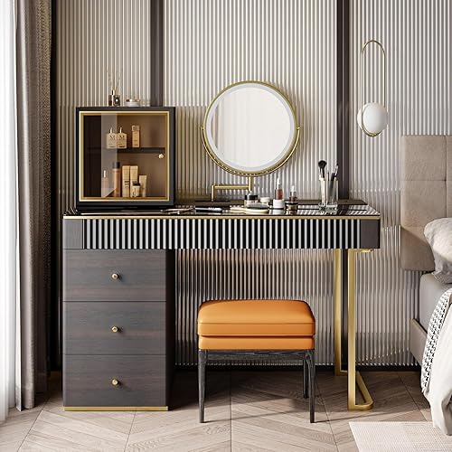 Miniatura 4 de POVISON Escritorio de maquillaje con espejo y luces, tocador con taburete y estación de carga, 5 cajones de mediados de siglo, moderno escritorio de