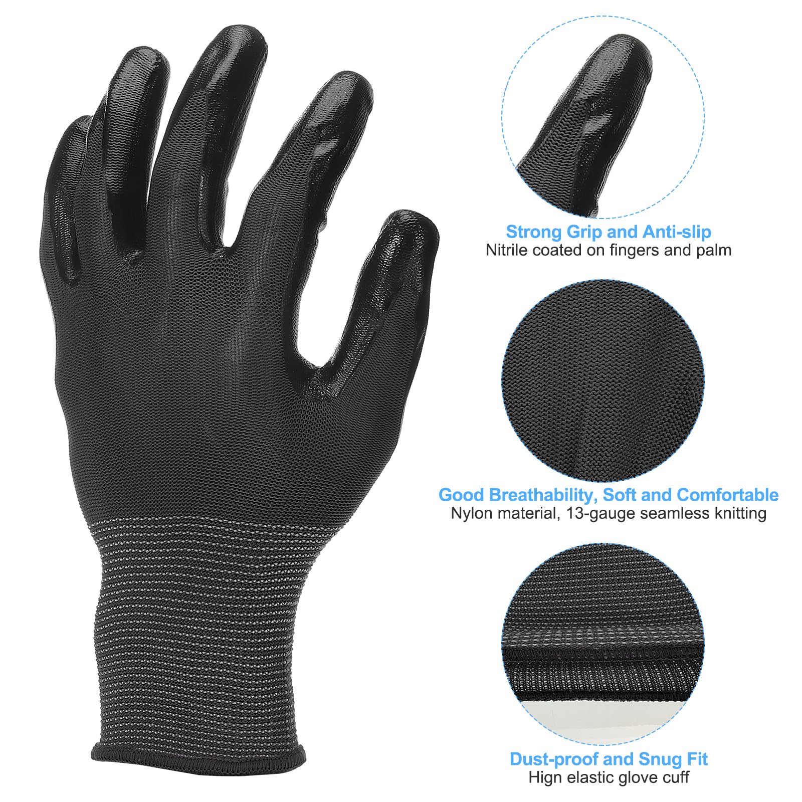 PATIKIL Safety Work Gloves Nitrile Coated 12 Pair Non-slip Gardening Gloves Seamless Knit Working Gloves with Grip for Women Men Warehouse Black XX-Large Size - Image 3
