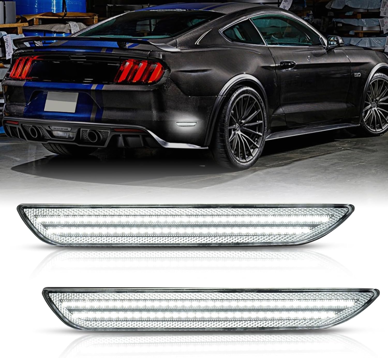 Bestview LED Rear Side Marker Lights Accessories for Ford Mustang 2015-2022, Dual Rows White Rear Fender Bumper side Marker Lamps Kit Assembly,Clear Lens（2PCS）
