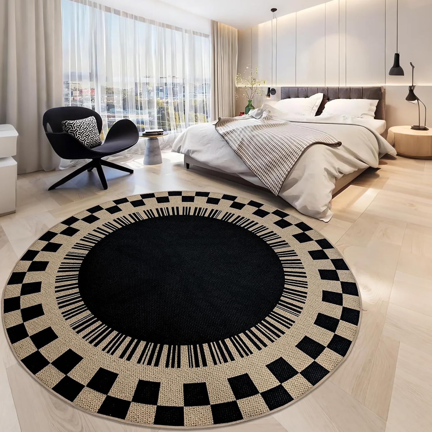 Easy Jute Checkered Rug, 6Ft Round Modern Indoor Outdoor Farmhouse Carpet, Washable Non-Slip Thin Neutral Floor Mat for Living Room Patio Kids Pets Room Playroom Home Office Kitchen, Black