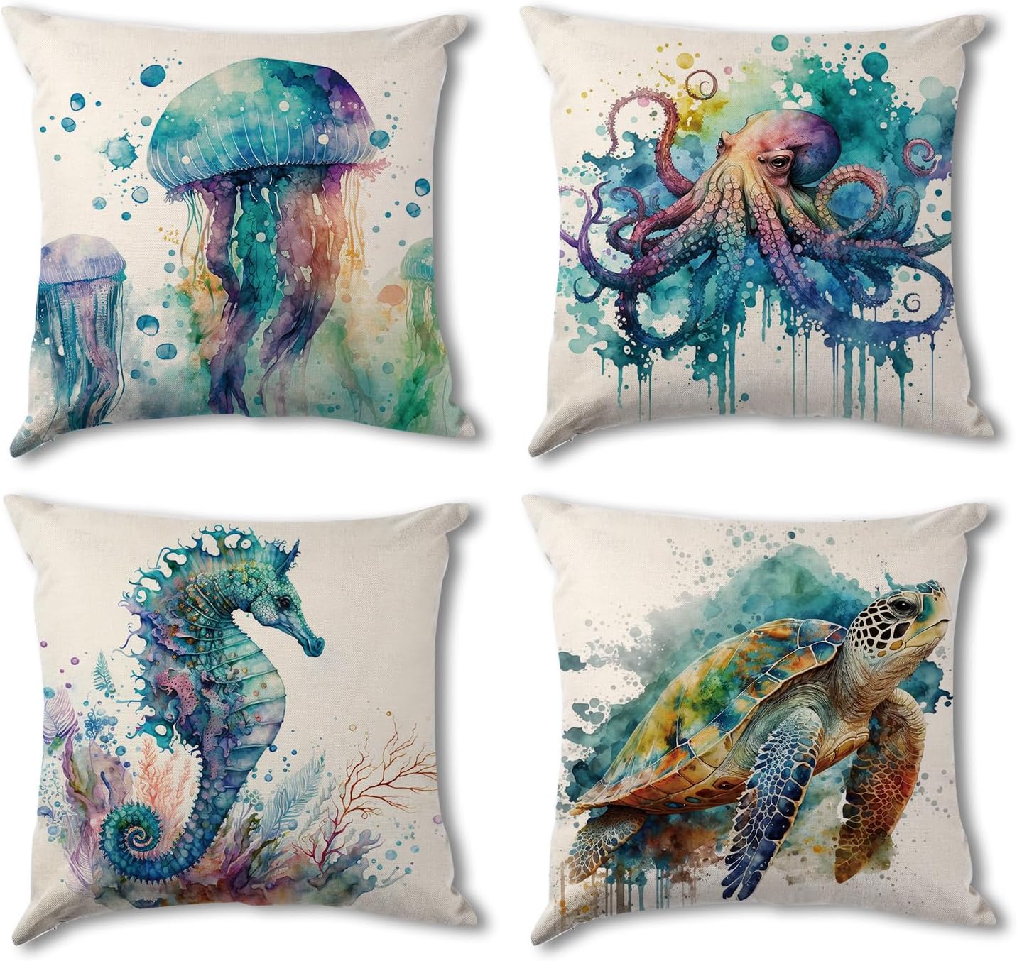 Coastal Pillow Covers 18x18 Set of 4, Beach Ocean Animal Throw Pillow Covers for Couch Home Decor Watercolor Sea Turtle Seahorse Jellyfish Octopus Cushion Cases Sofa Outdoor Patio Furniture Decorative