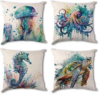 Coastal Pillow Covers 18x18 Set of 4, Beach Ocean Animal Throw Pillow Co...