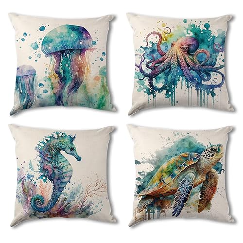 Coastal Pillow Covers 18x18 Set of 4, Beach Ocean Animal