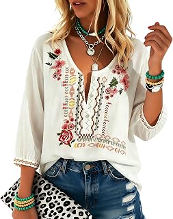 Higustar Mexican Tops for Women Embroidered Shirts Bohemian Hippie Clothes Tunic Fiesta Plus Size Boho Peasant Blouses