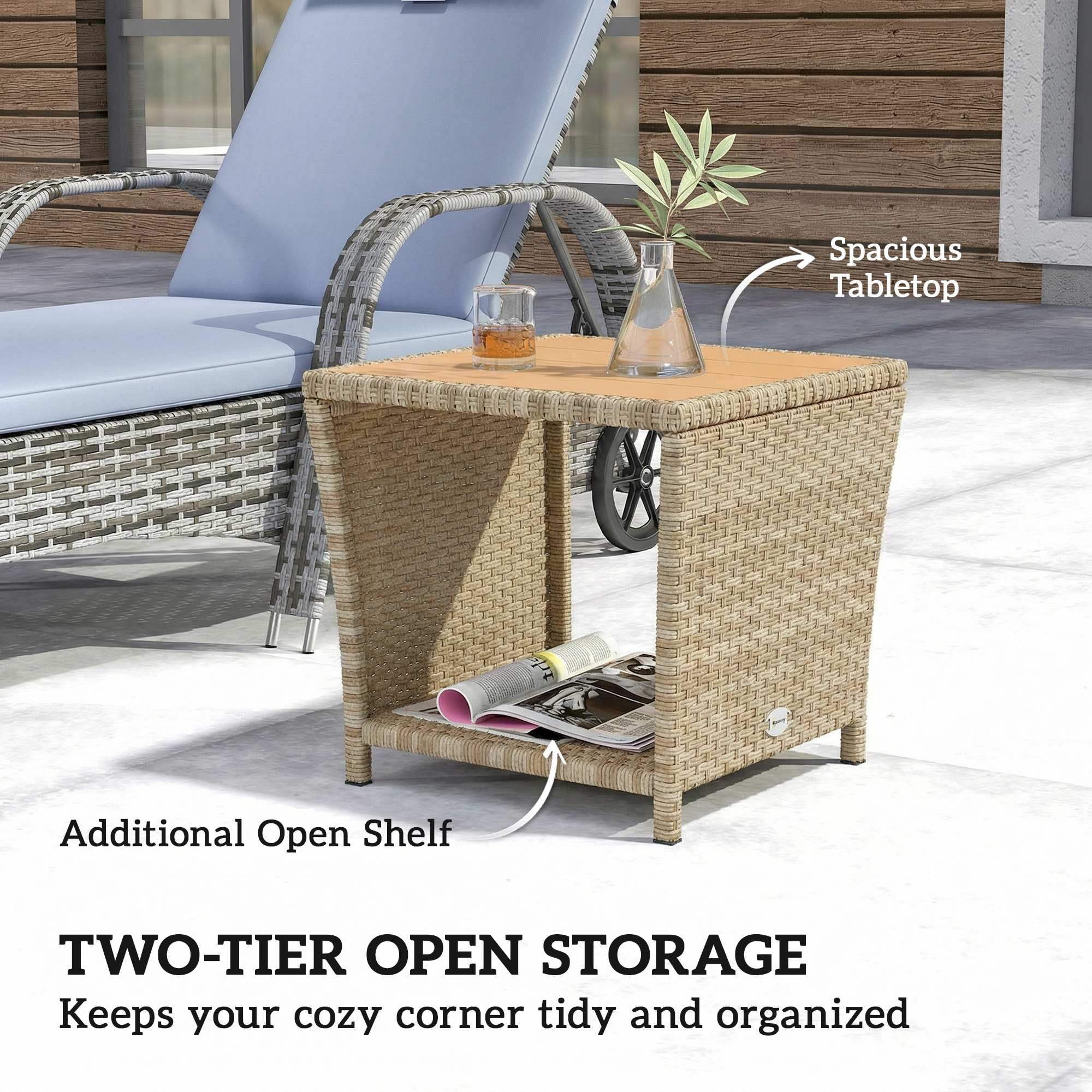 Outsunny 2-stöckiger Beistelltisch aus PE-Rattan mit Ablagefach, quadratischer Outdoor-Couchtisch mit PS-Holzlattenplatte, UV-beständig für Terrasse, Garten, Balkon, Khaki | Quadratischer Couchtisch für den Außenbereich, PS Holzlattenplatte, UV-beständig,