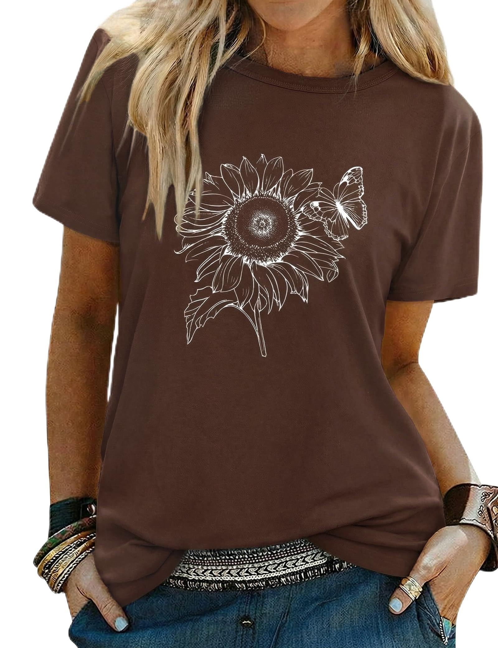 Gyabnw Damen Sonnenblumen T Shirt Sommer Rundhals Basic Tops Kurzarm Bluse Casual Freizeit Oberteil