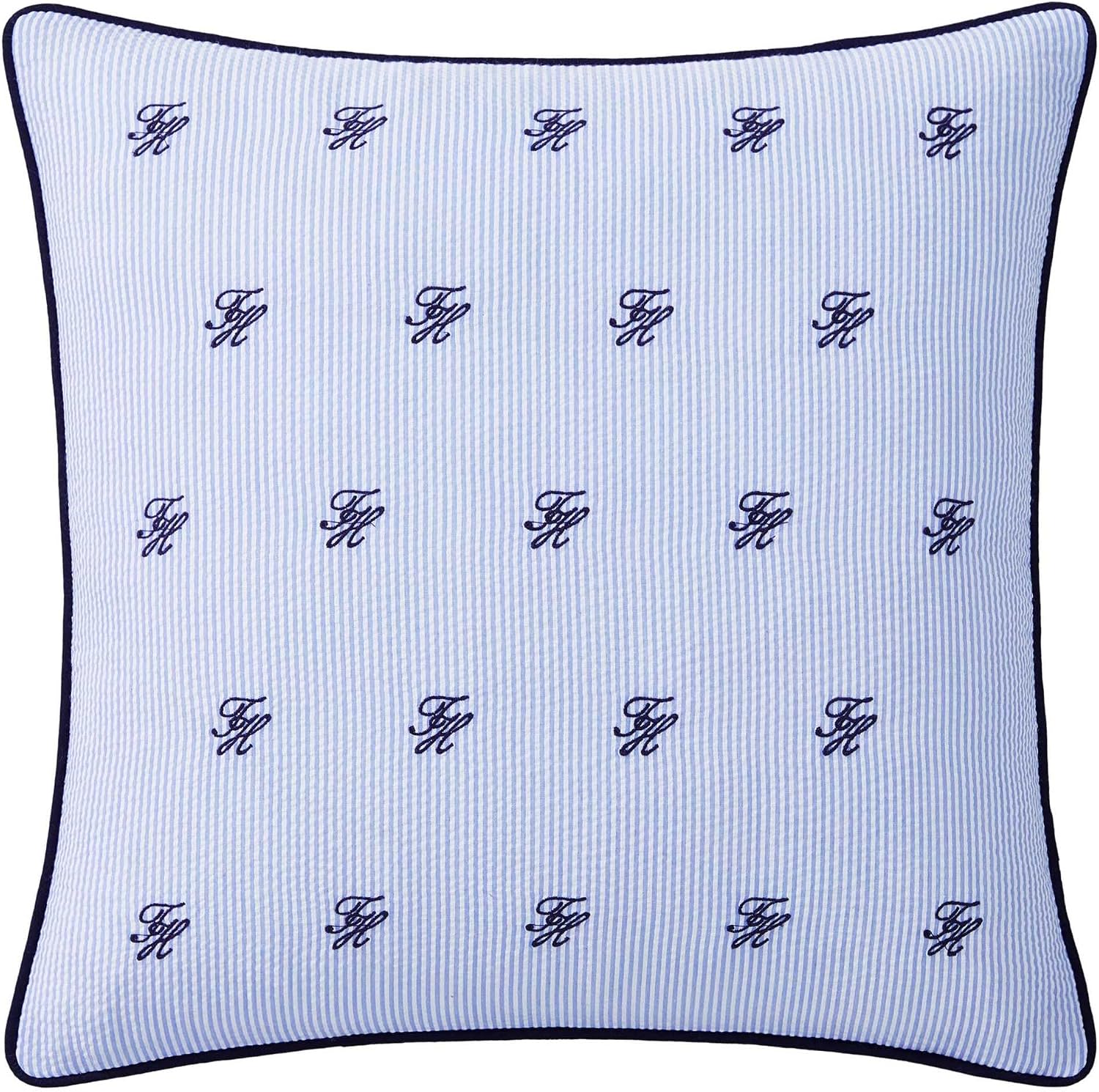Tommy Hilfiger - Decorative Throw Pillow for Bed or Couch, 20x20 Cotton Canvas Accent Pillow with Zipper Closure, Seersucker Stripe TH Monogram Design, Americana Decor (Blue)