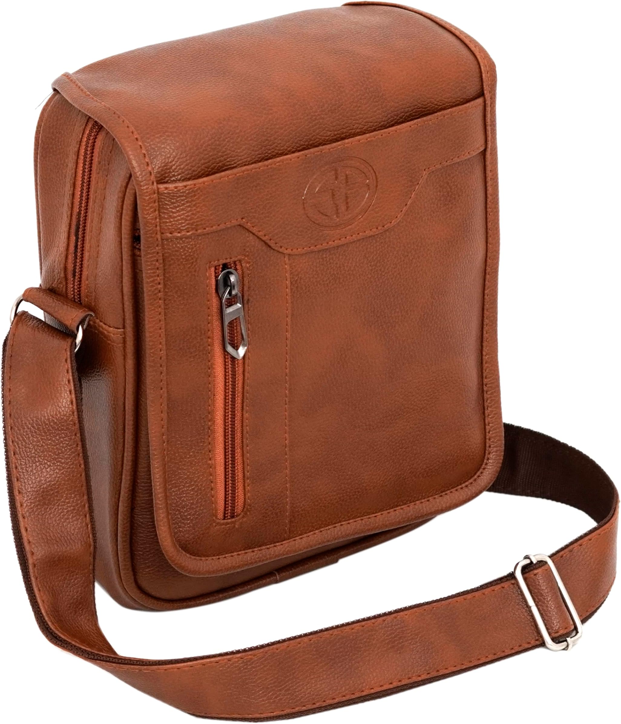 Stylish Small PU Leather Sling Cross Body Travel Office Business Messenger One Side Shoulder Bag for Men Women - Tan Brown (20 x 7 x 25.5 Cm)