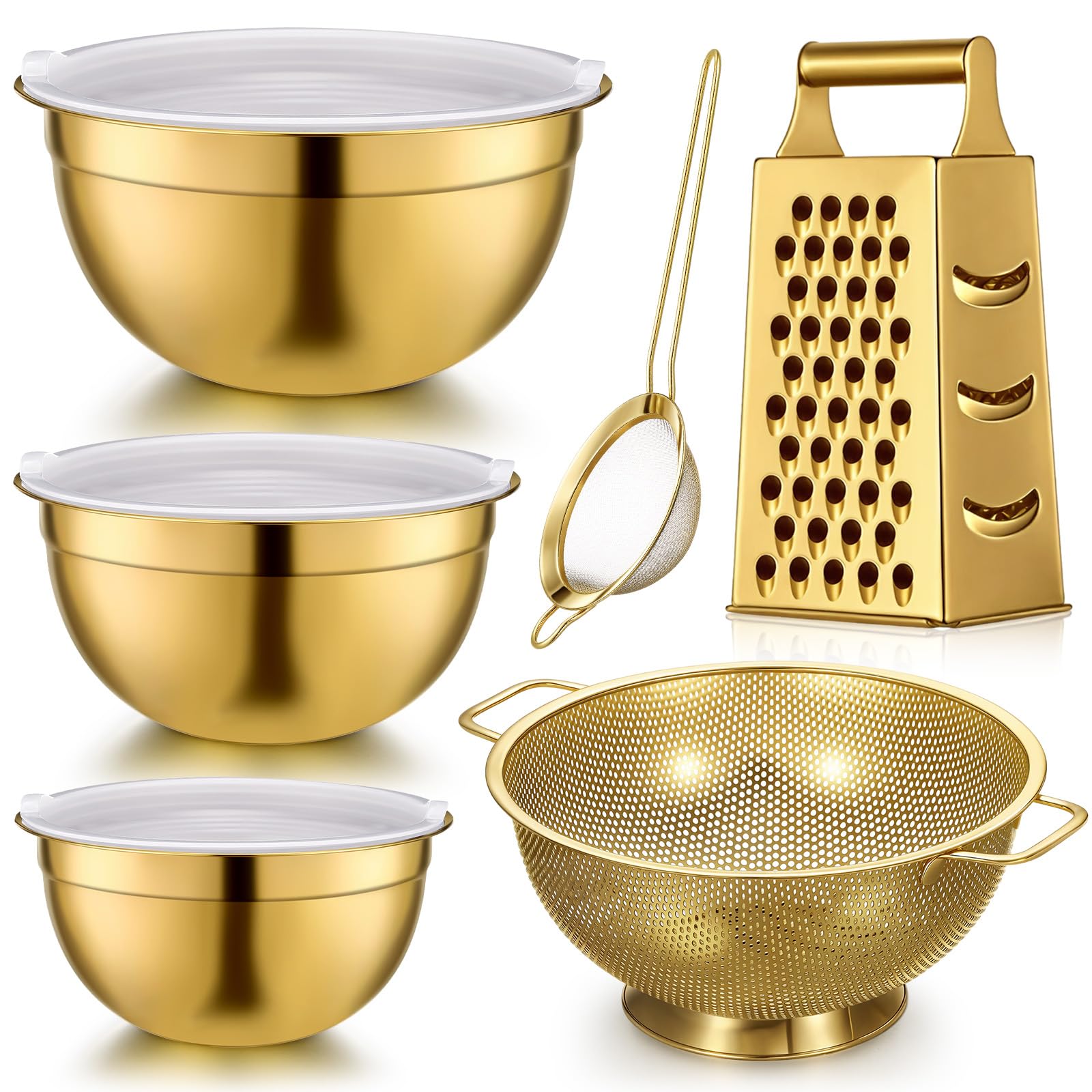 Baderke 6-teiliges goldenes Küchenzubehör-Set enthält 3 goldene Rührschüsseln mit luftdichten Deckeln, Edelstahl-Sieb, Reibe und feinmaschiges Sieb (Rührschüsseln: 3,7/5/7 Qt, Sieb: 5 Qt)