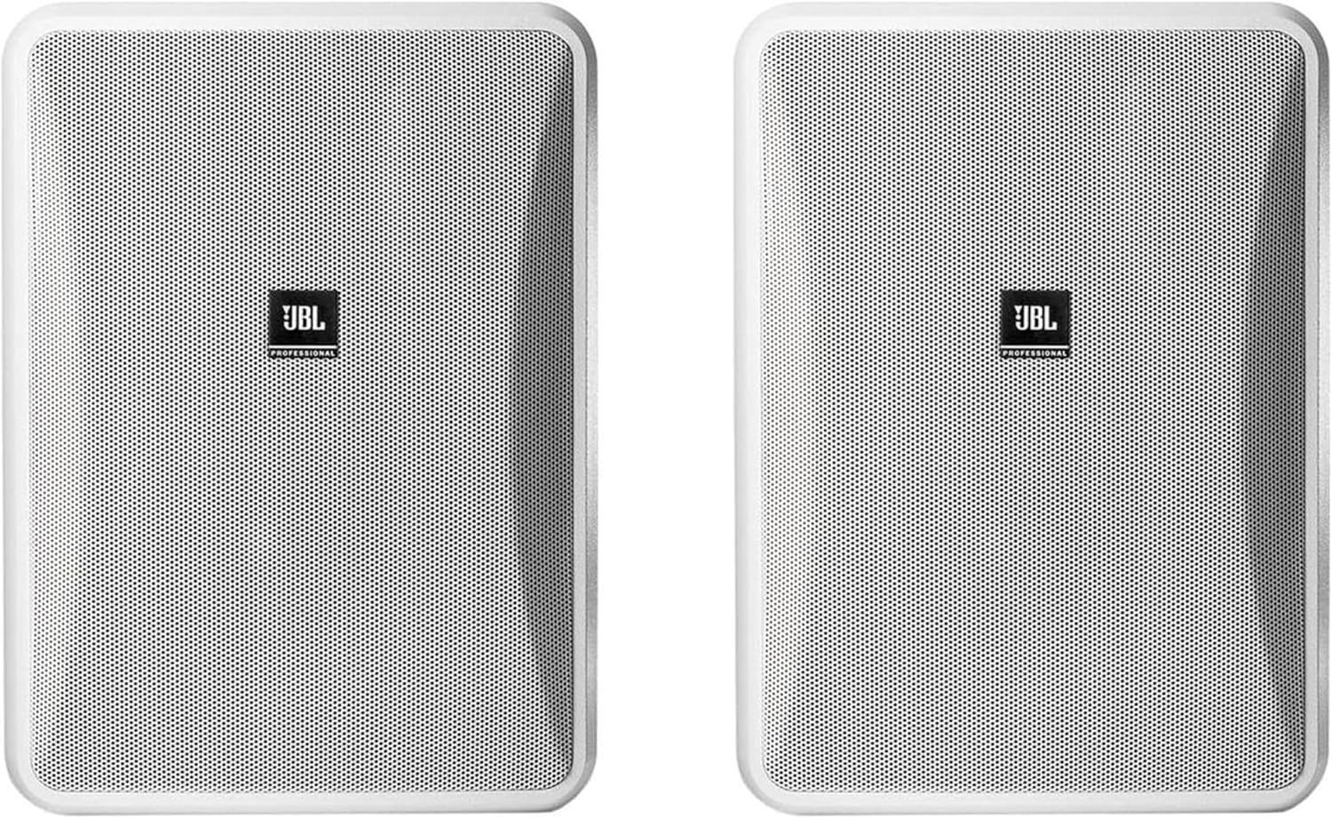 Front view of JBL Control 28-1-WH speaker in white, showing the grille and JBL logo.