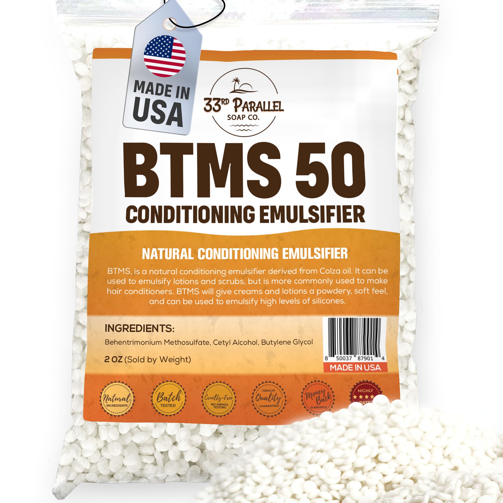 33rd PARALLEL | BTMS 50 (2 oz) Conditioning Emulsifier | 100% Natural Plant Derived | Behentrimonium Methosulfate Cetearyl Alcohol Emulsifying Conditioner | Product of USA (2 Ounces)