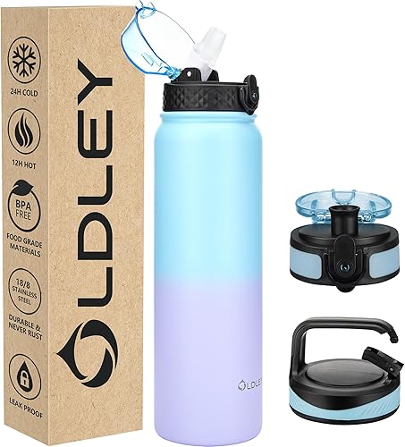 Miniatura 35 de Oldley Botella de agua aislada de 20 onzas para adultos y niños, botellas de agua de acero inoxidable con pajita/pico/mosquetón, 3 tapas, colador