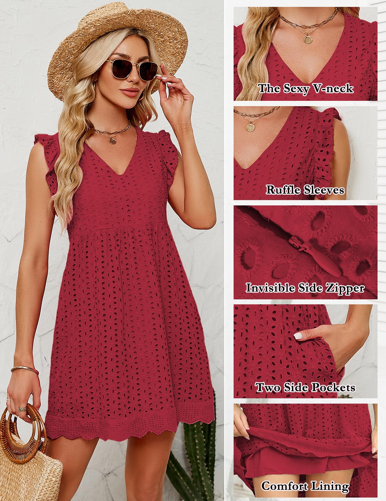 heekpek Vestidos Verano Mujer Sin Mangas con Volantes Algodón Cuello V Mini Vestido Sueltos Hueco de Flores Jacquard Cómodo Casual Vestidos de Playa con Bolsillos