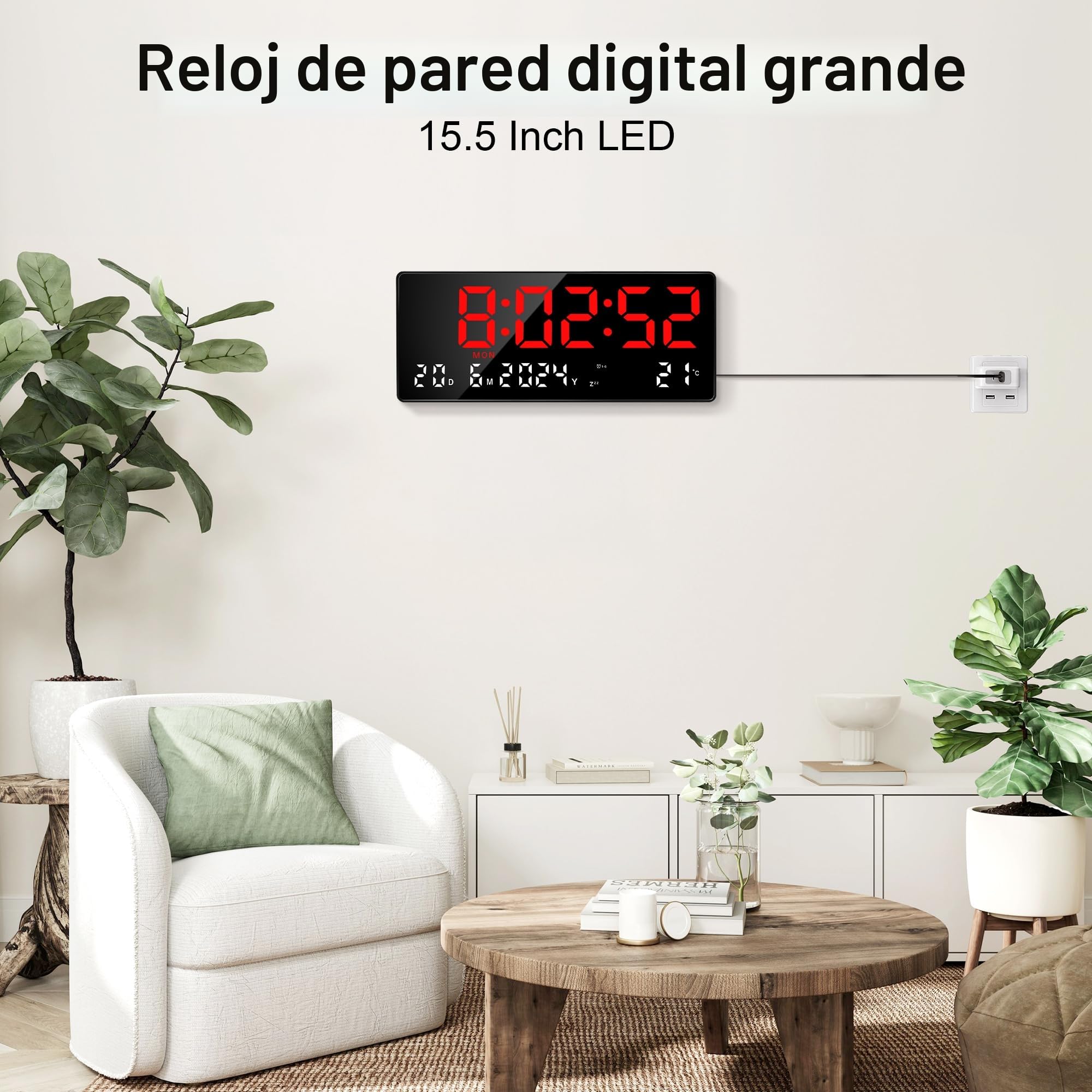 Lafocuse 15.5" Reloj de Pared Digital con LED Pantalla Grande, Silencioso Reloj Digital Sobremesa con Temperatura, Fecha, 2 Alarma, 12/24 Horas, Brillo Ajustable, para Salon Cocina Oficina, Rojo