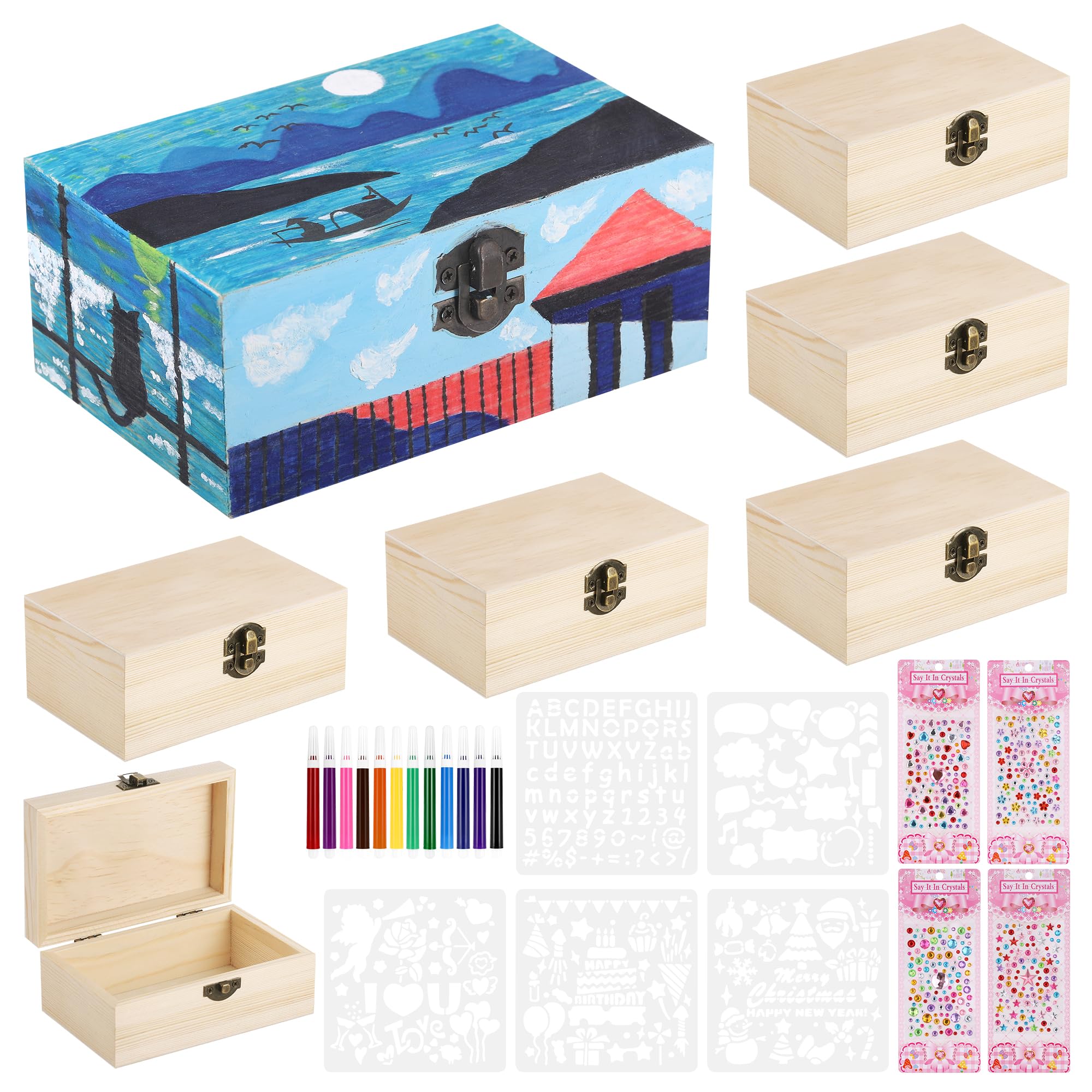 Fentar 6pcs Wooden Boxes for Craft, 15x8.5x6.2cm Treasure Chest Kids, Craft Box Creative Gifts for Girls, Small Wooden Box with Hinged Lid, Arts and Crafts for Kids Age 6 with Color Pens Decor Sticker